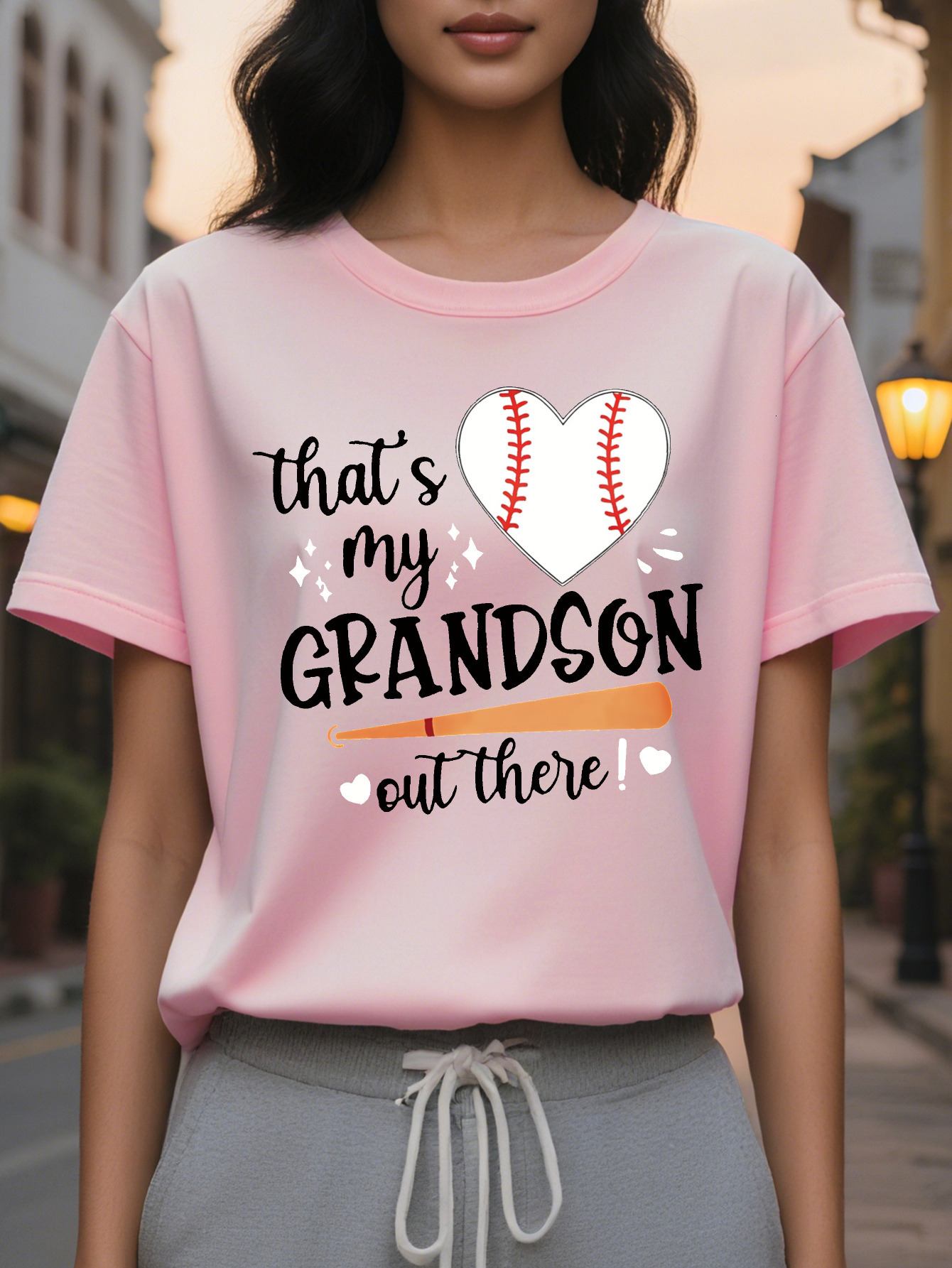 Large XL Tee Casual Red Women's T-Shirt That's My Grandson Out There Heart Design Perfect for Fans Baseball Fan Apparel Plus Size