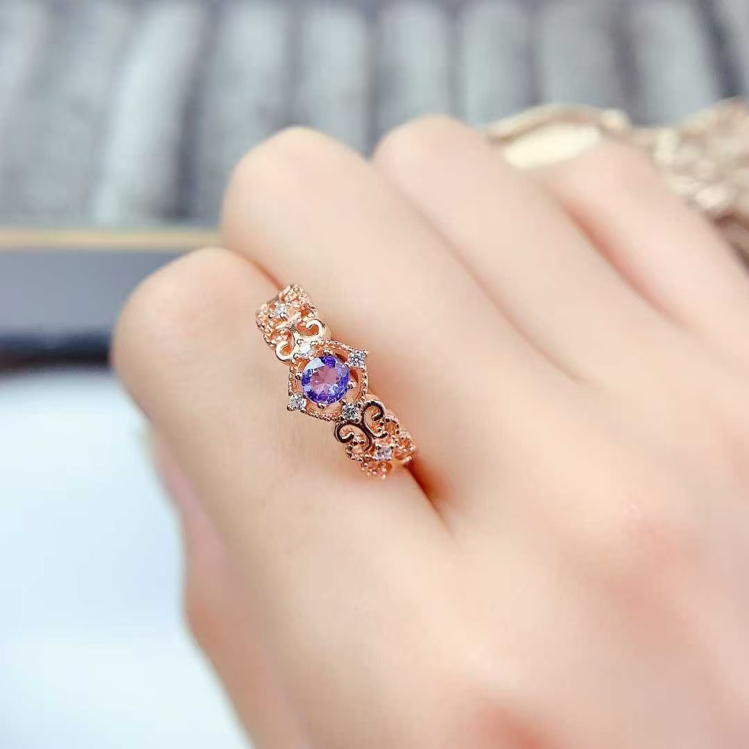 925 silver lace design ring natural tanzanite ring 4mm real tanznaite jewelry 18K gold plated sivler gemstone jewelry