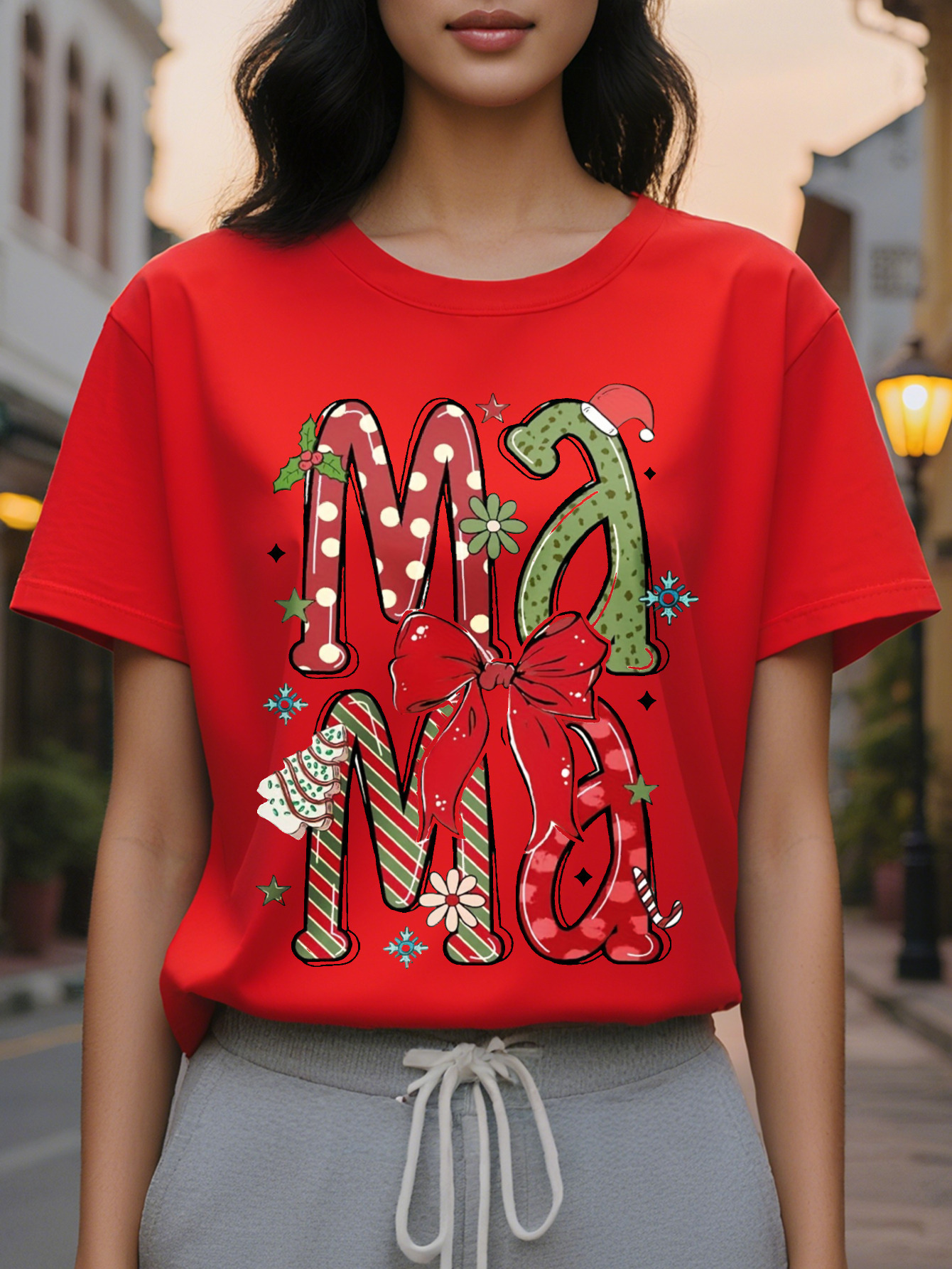 Large XL Cotton Knit All Season Women's Christmas Festive Print Casual Round Neck T-Shirt Regular Length Plus Size