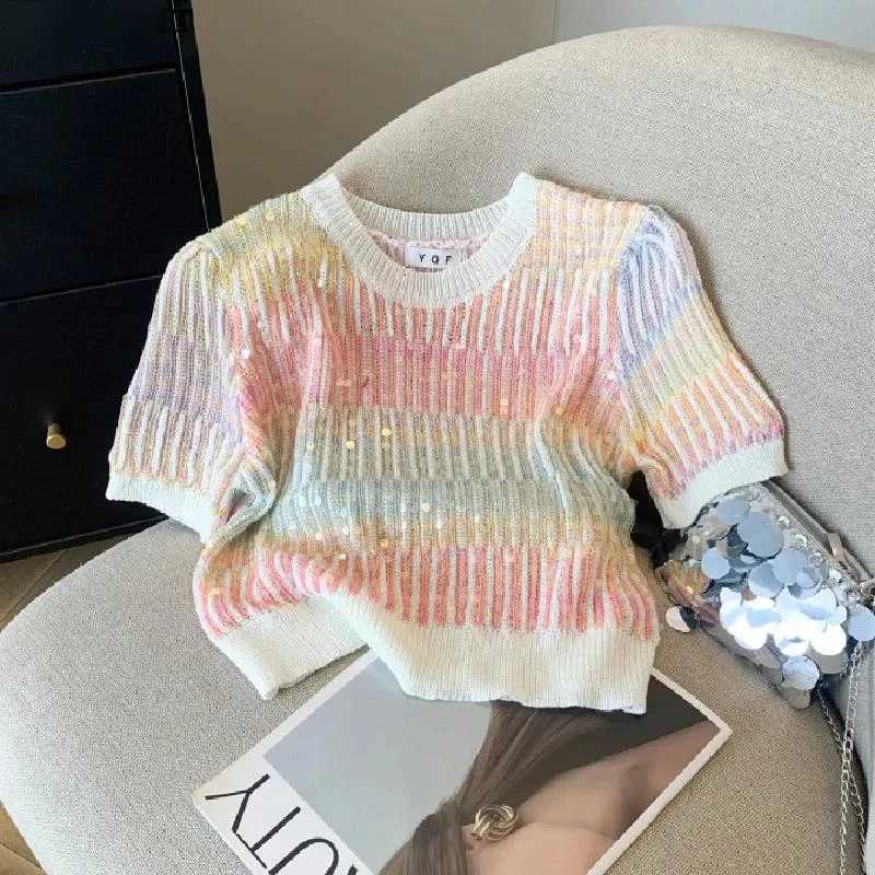 Summer Womens Sweater Sequins Striped Slim Knit Pullovers Tshirts Crop Tops Stylish Chic Fashion Short Sleeve Oneck Jumpers M250904