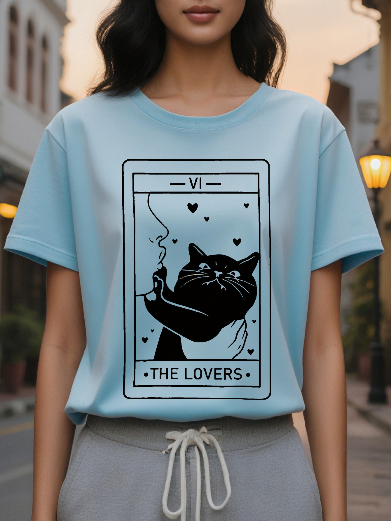 Large XL Women's Tarot The Graphic T-Shirt Whimsical Witch Hat Black with Hearts Design Soft Crew Neck Tee for Lovers Plus Size