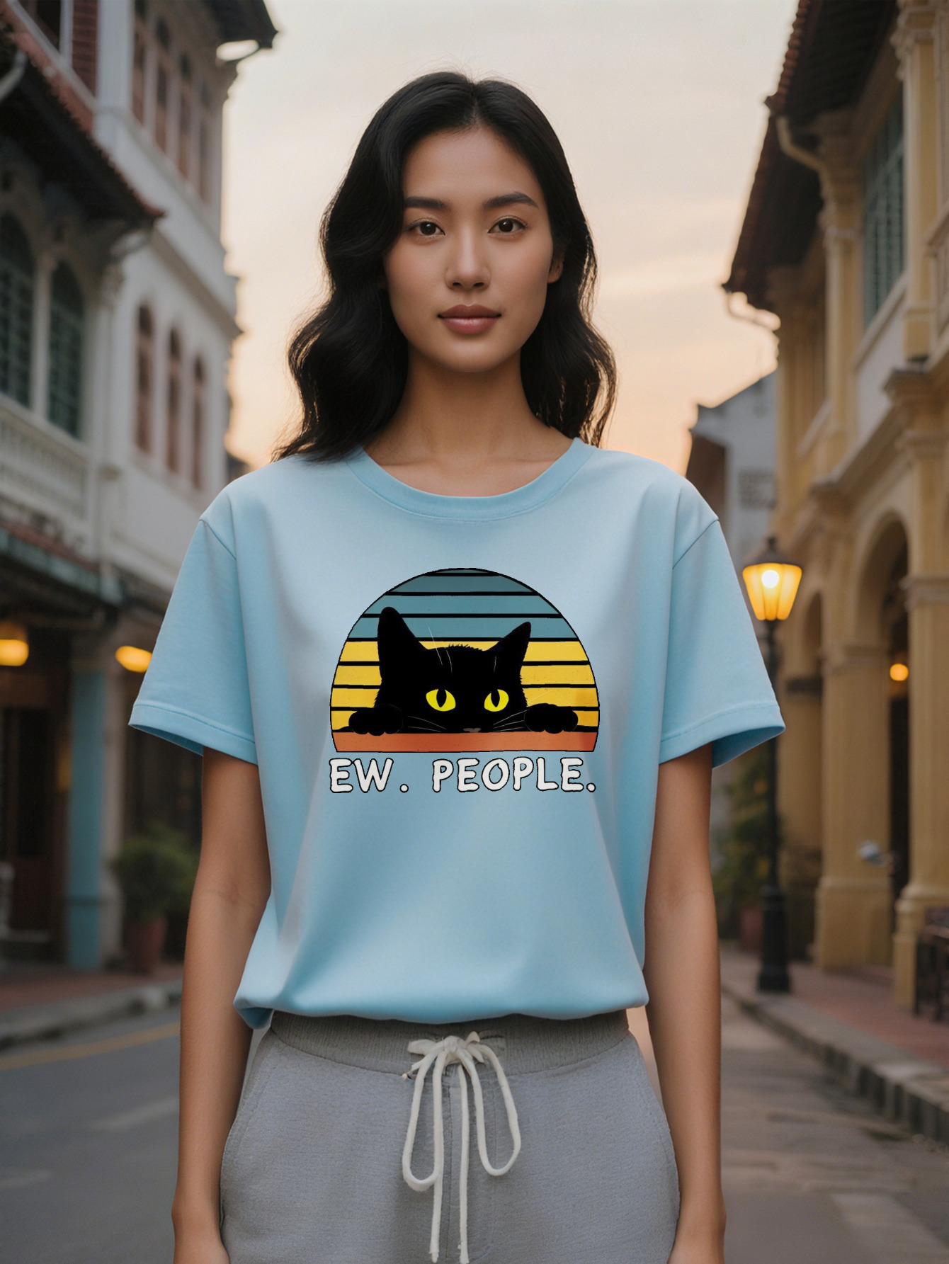 Large XL Women's Casual Crew Neck T-Shirt Black Slight Stretch Vintage Anime Cat Graphic Print Summer Short Sleeve Tee with Plus Size