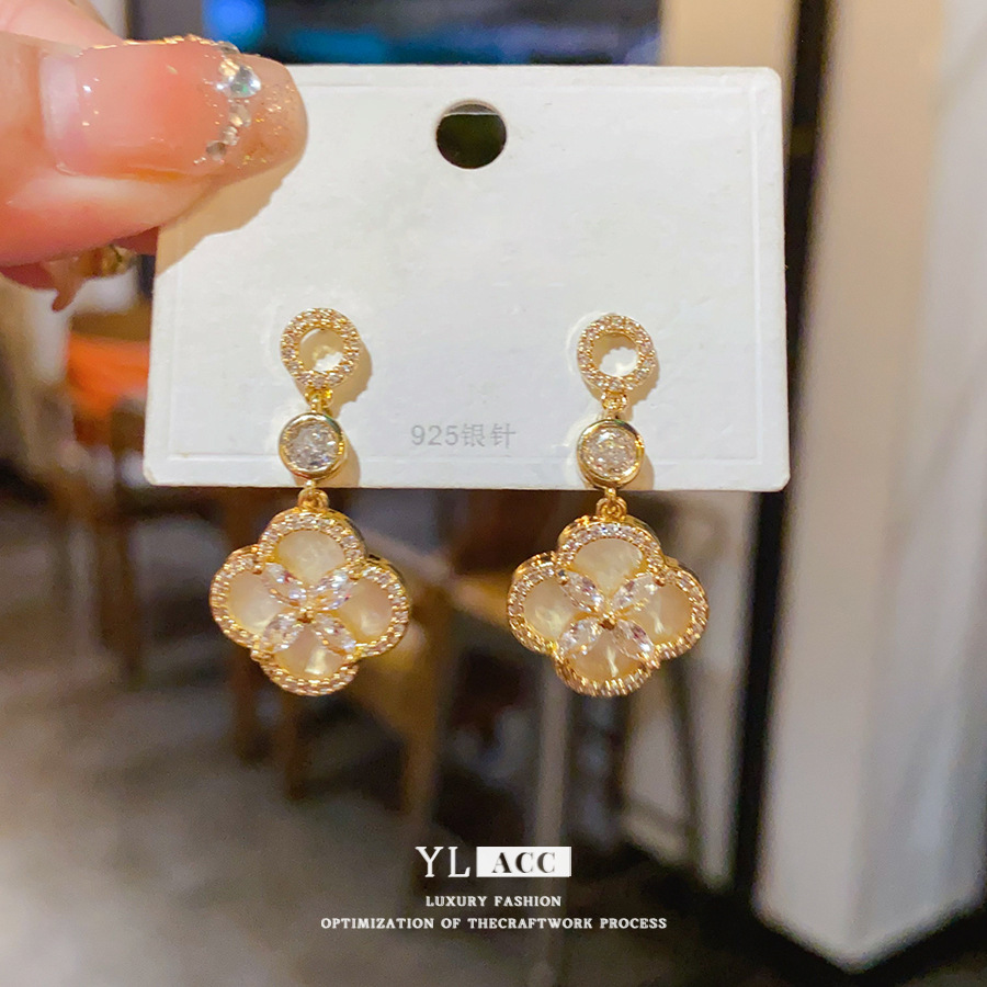 Gold Tone Four-Leaf Clover Drop Earrings With Cat Eye Stone & Crystal Detail Luxury Elegant Style Daily & Special Occasion Wear Gift For Her Fine Jewe