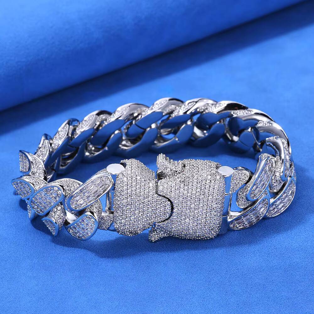 18mm thick 2 rows Miami white gold inlaid ice jadeite bracelet; luxury diamond crystal jewelry chain.