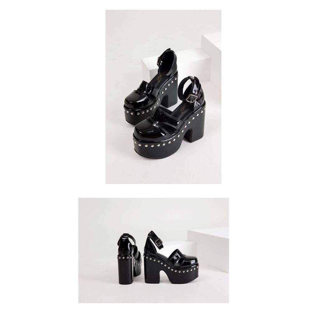 12cm High Heels Woman Chunky Platform Shoes Black Patent Leather Rivet Block Heels Summer Ladies Shoes Plus Size 34-43