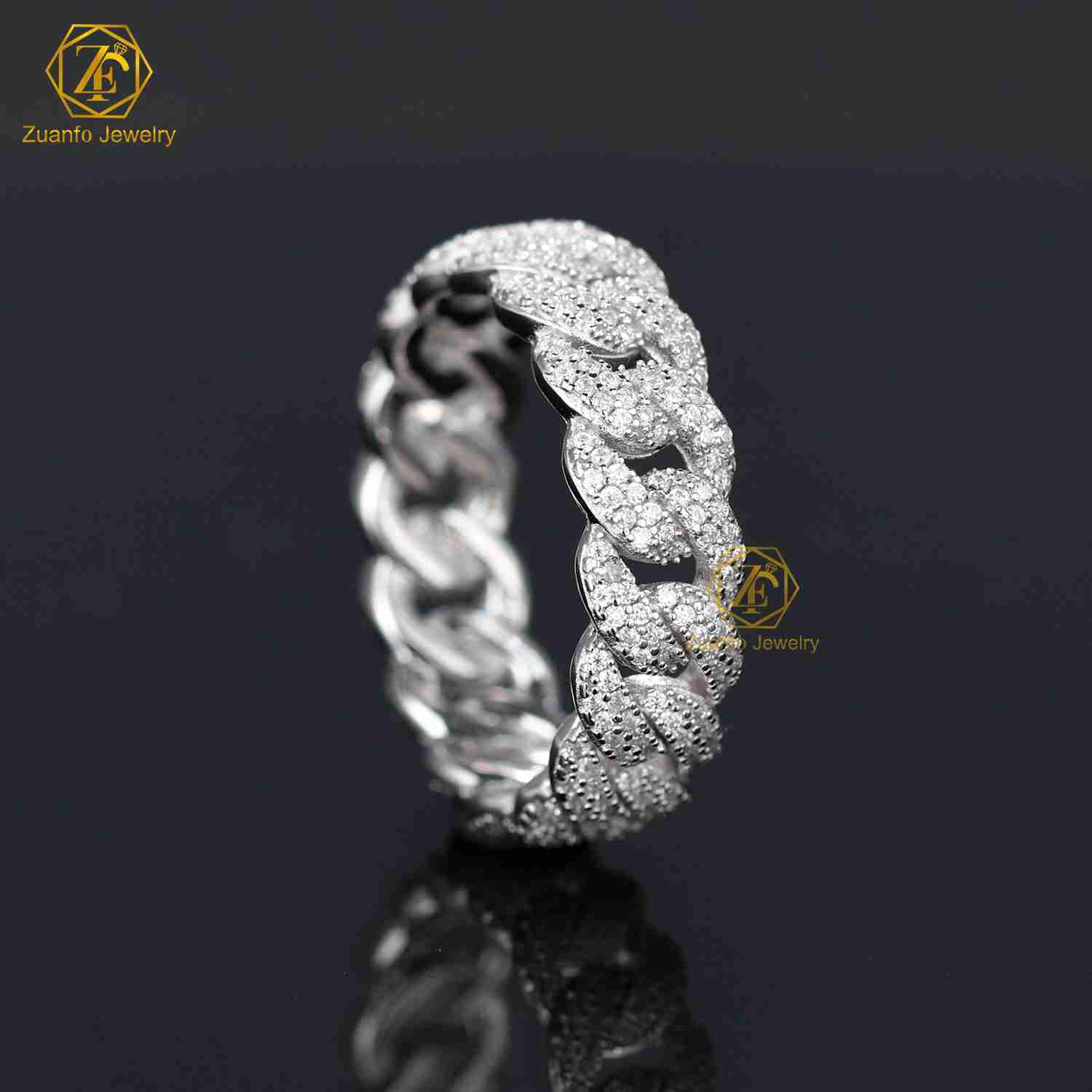 RTS Mens Fashionable Wholesale 7mm Cuban Link Band Ring Hip Hop Style Moissanite Diamond with Rhinestone Wholesale Jewelry