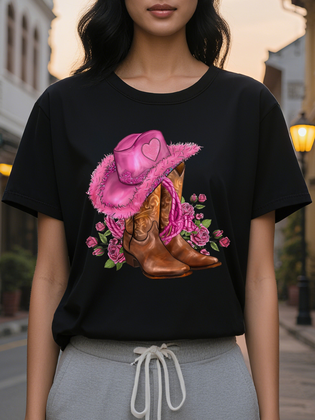 Cowboy and floral print round neck T-shirt, casual short sleeve summer top for women's clothing