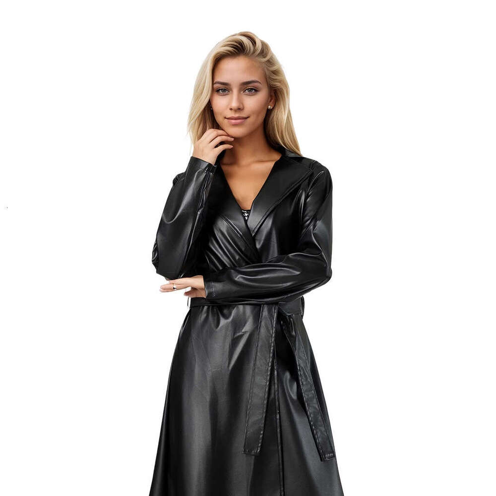 Extra Long Bathrobe Trench Spring Autumn Wrinkle-Resistant Fashion Women's Leather Coat New Style