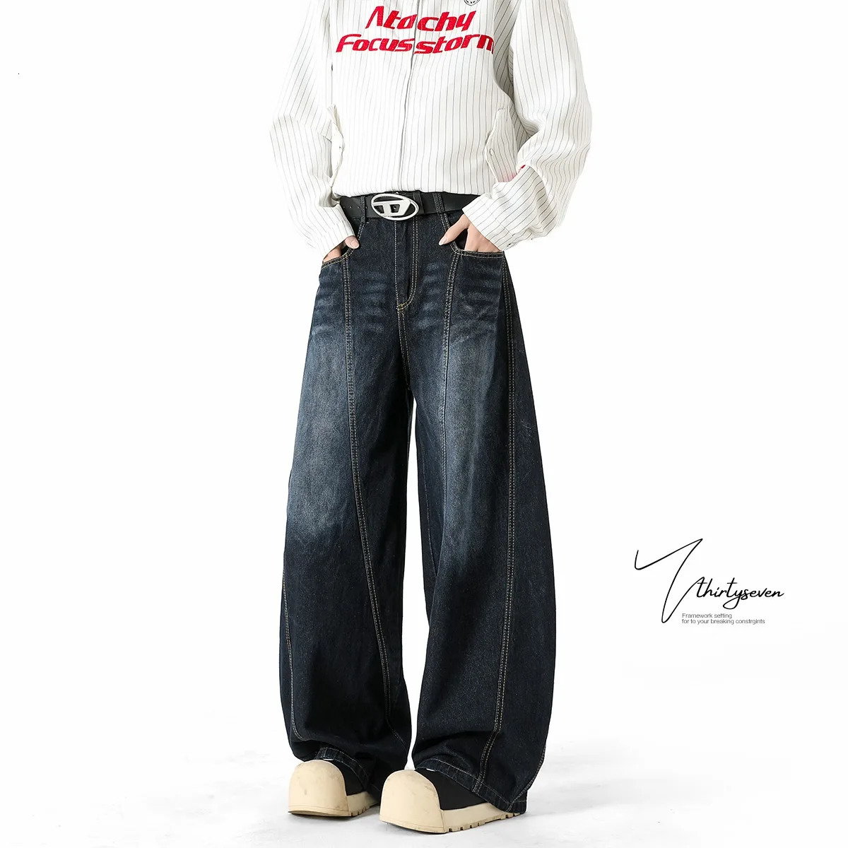 Casual Deep Blue Scimitarmens Jeans Loose Wide Leg Pants Simple Fashion Trendy Style Seasonal 250823Z