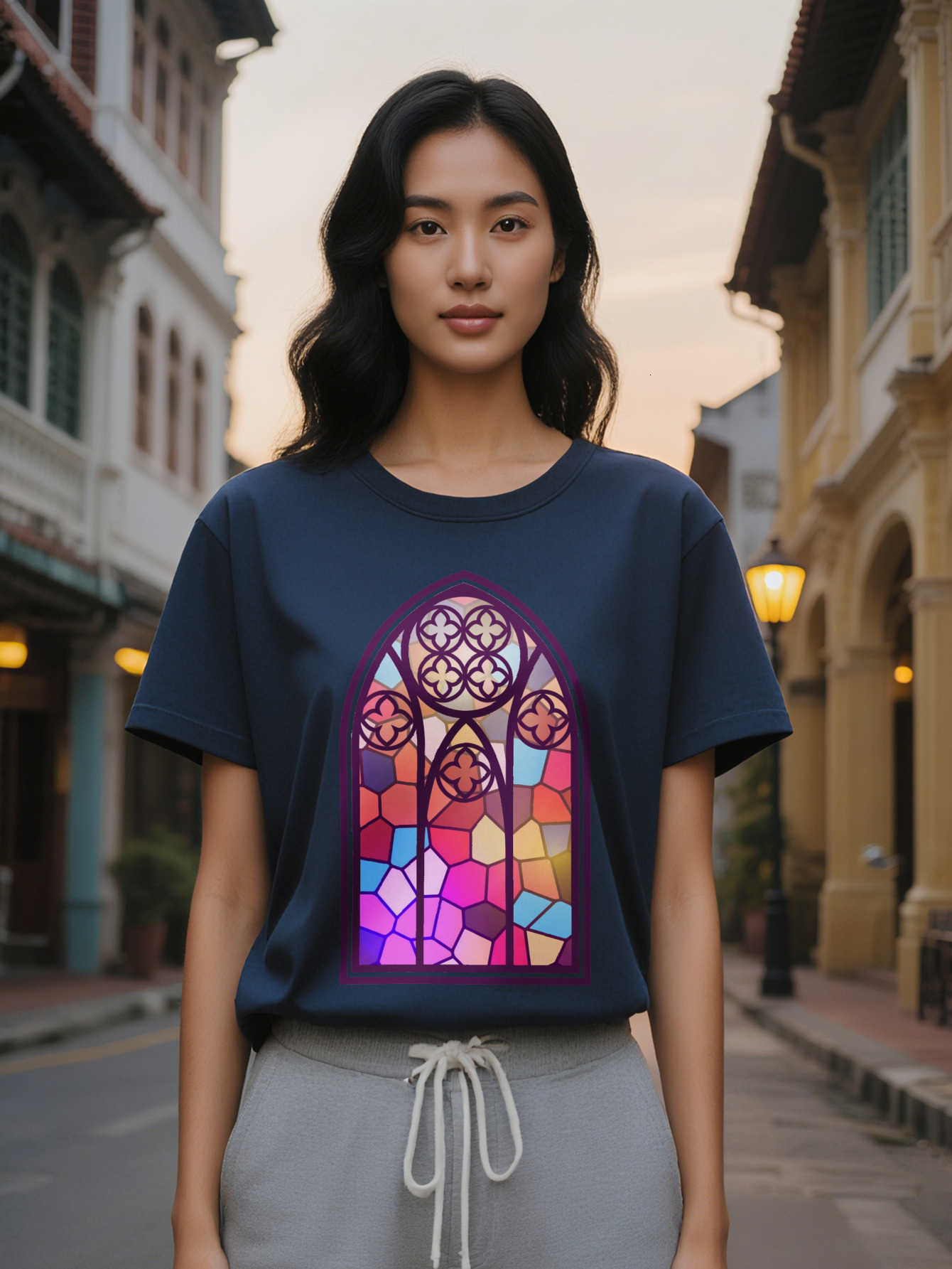 Large XL Women's Casual Short Sleeve T-Shirt with Stained Glass Window Graphic Print Vibrant Geometric Design Breathable Round Plus Size