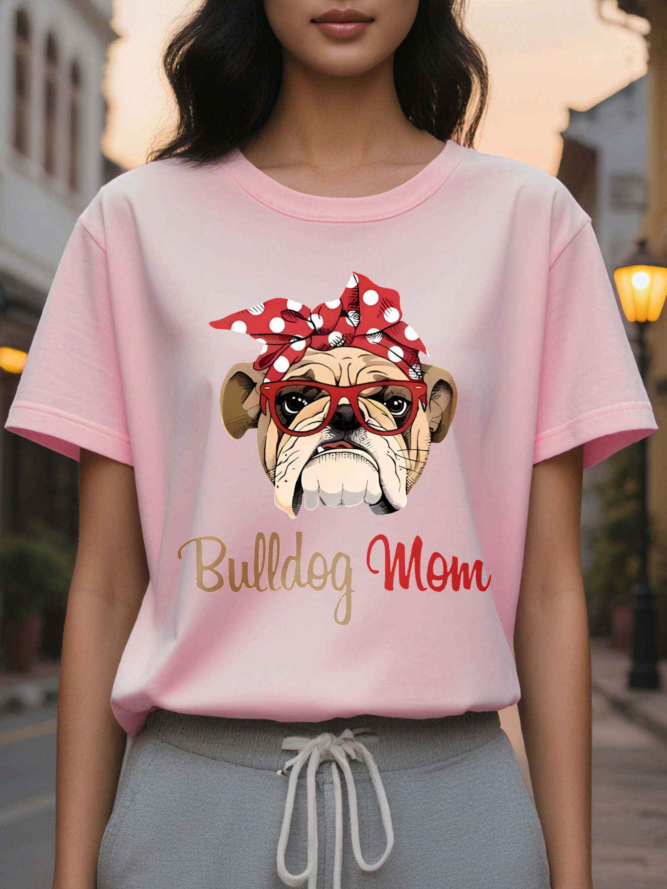 Women S Casual Cotton T-Shirt Pug Bulldog Mom Graphic Crew Neck Short Sleeve Regular Fit SpringSummer Knit Fabric