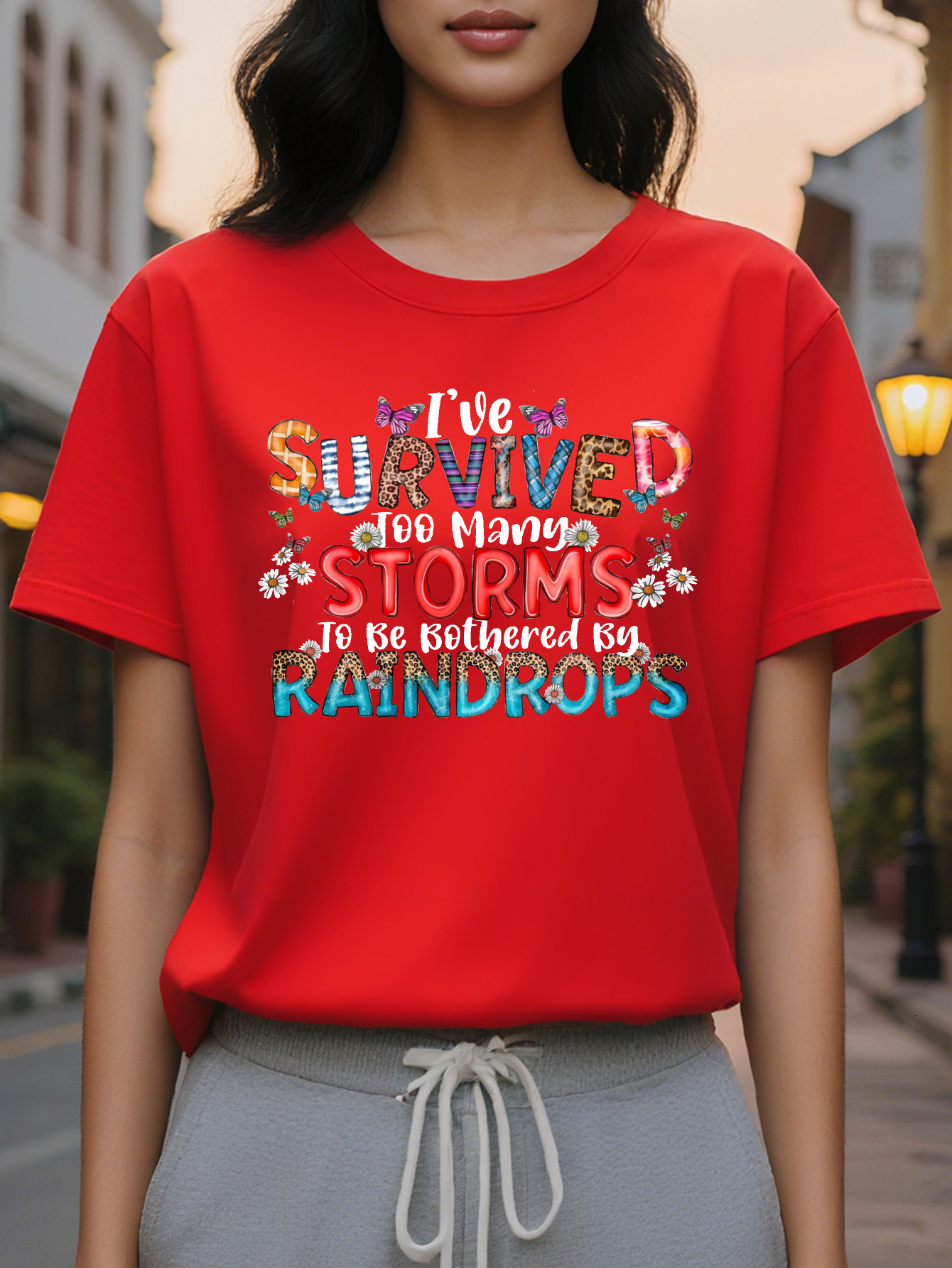 Women's I've Been Through Too Many Storms T-Shirt Black Round Neck Casual Top Colorful Letters Floral and Butterfly