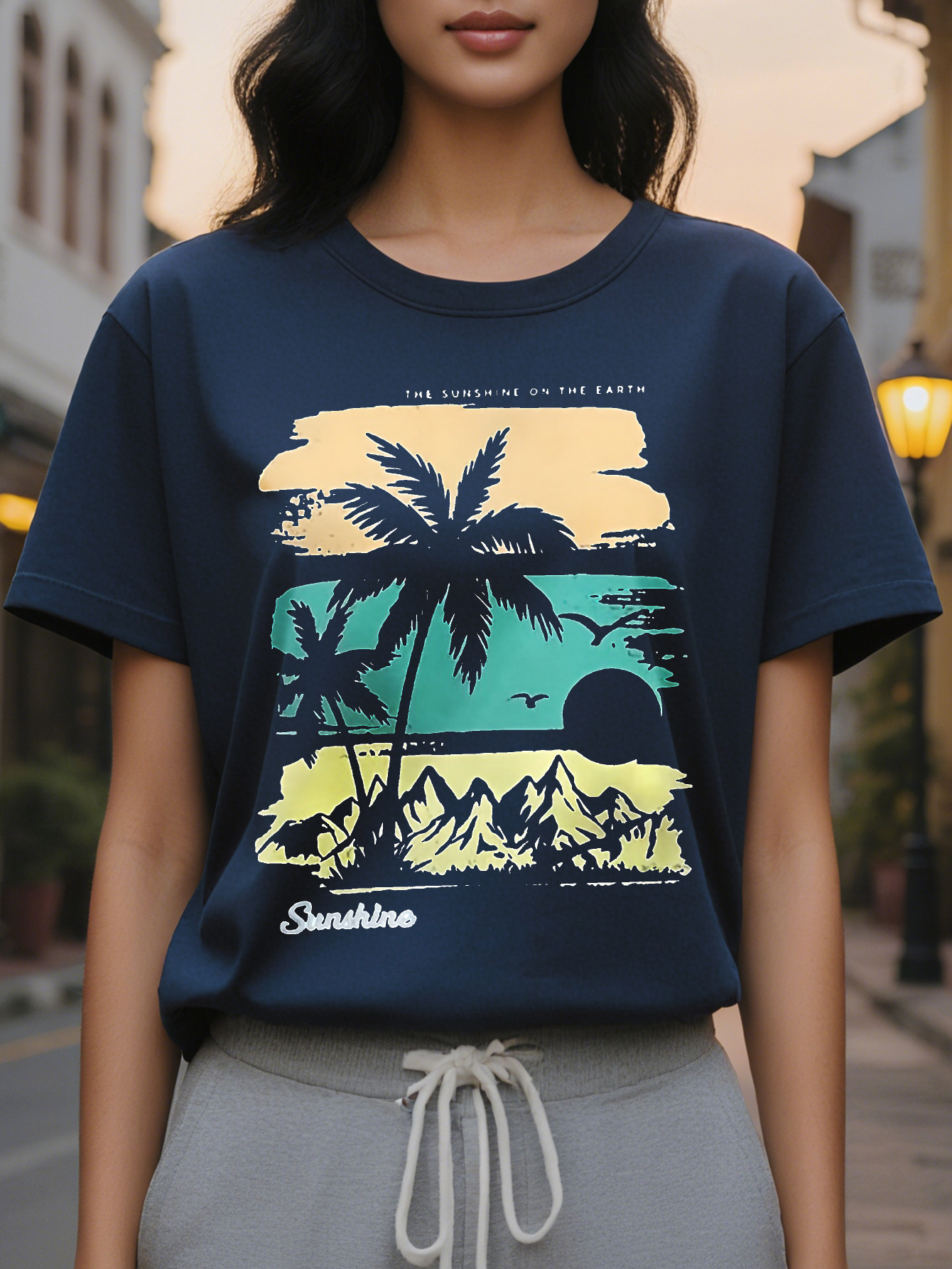 Women S Tropical Palm Tree Print Sleeveless Dress Casual Summer Style with SUNSHINE Graphic Black Round Neck