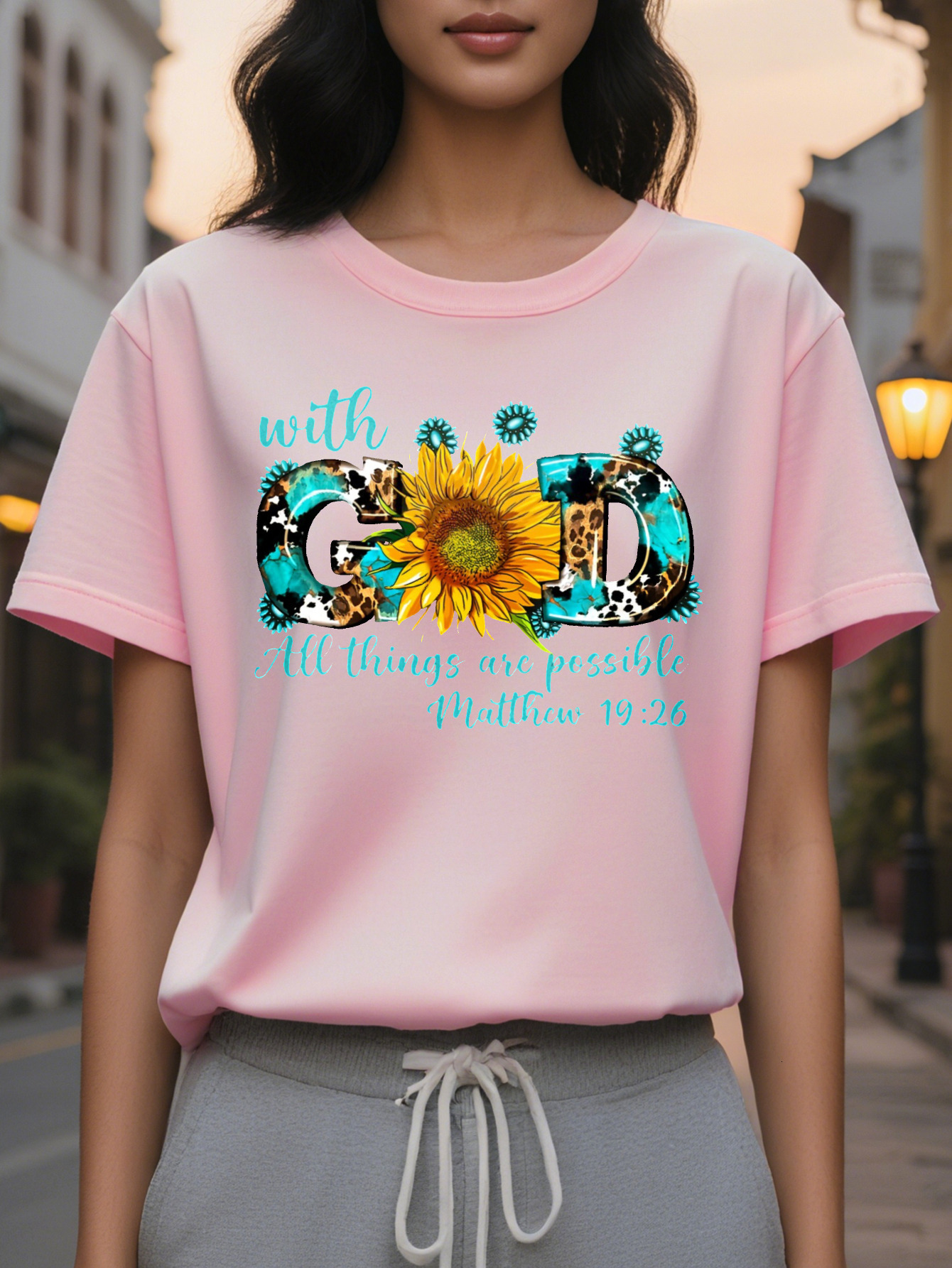 Women s Inspirational God All Things Possible Matthew T-Shirt Black Soft Stretch Casual Summer Tee with Sweat