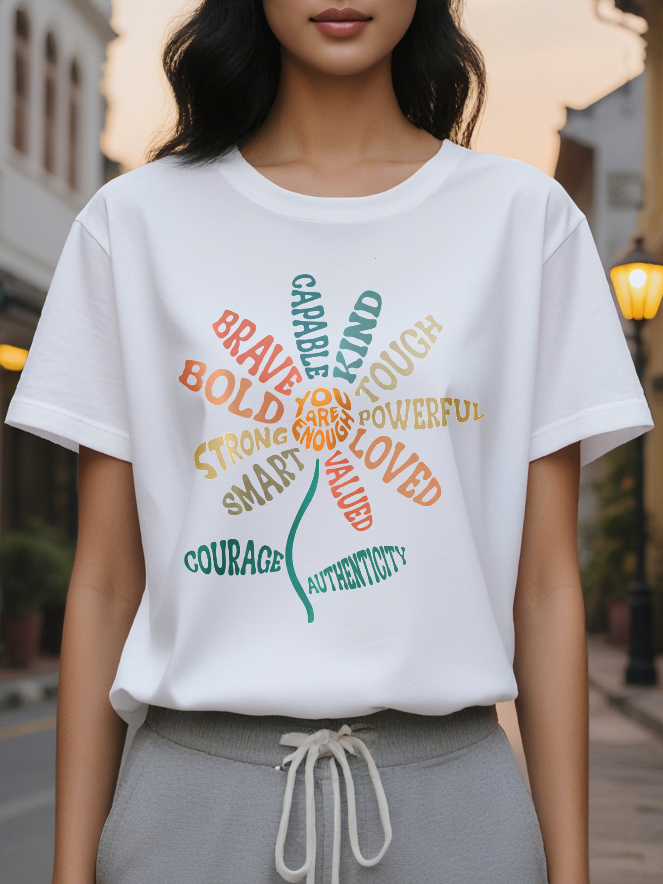 Women's Motivational Letter Printed T-Shirt Round Neck Short Sleeve Elastic Cotton Suitable for Spring