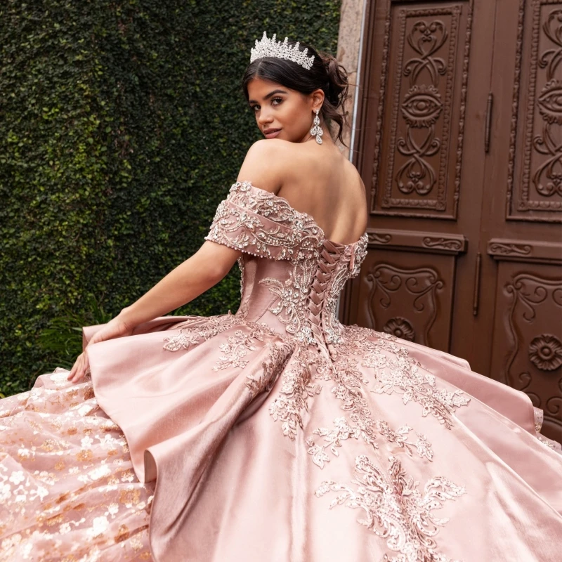 Pink Shiny Quinceanera Dresses Ball Gown Off The Shoulder Applique Lace Beading Crystal Tull Sweet 16 Dress Vestidos 15 Anos