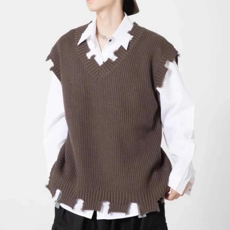 Korean Popular Clothes Sweater Man Solid Color Loose Fit Knit Vests for Men Vintage Fashion Autumnr and Winter Open WaistcoatXJ250904