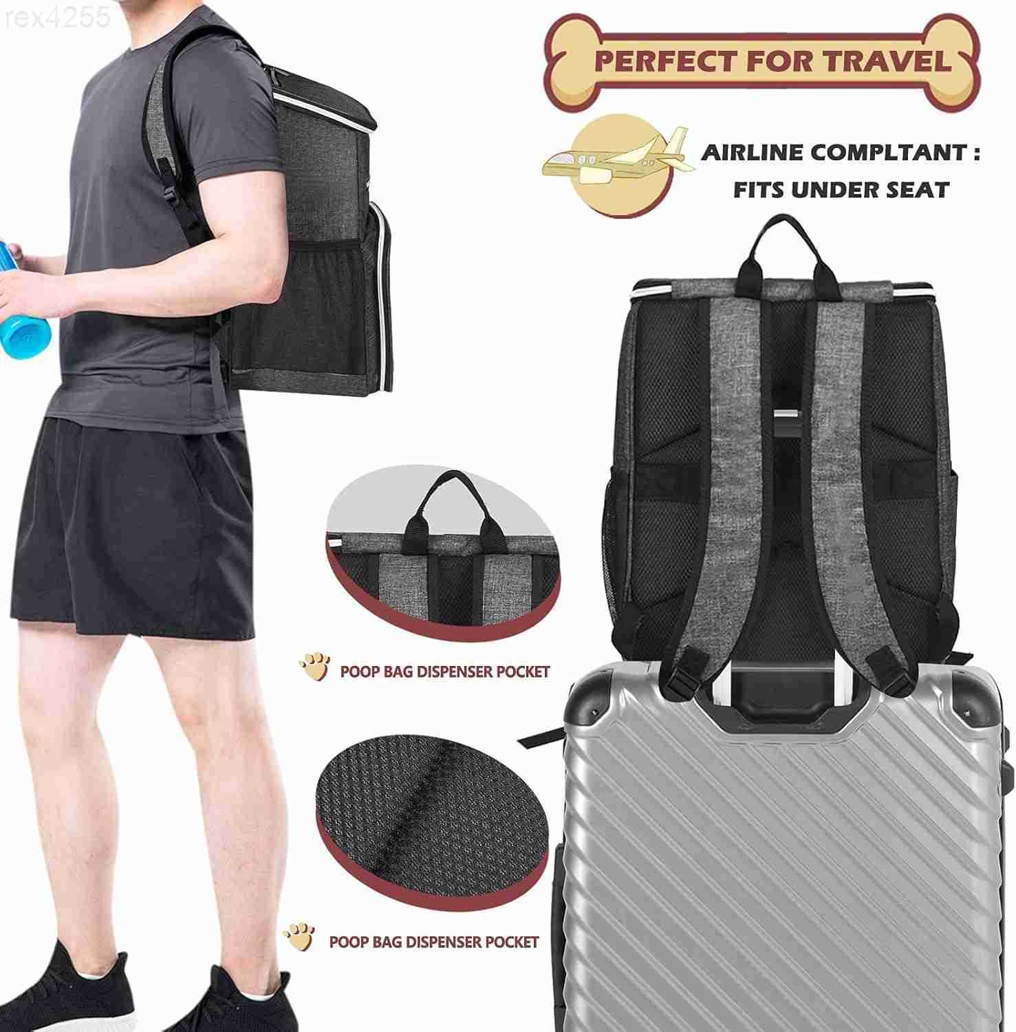 Dog Travel Bag Backpack Airline Approved Pet Supplies Backpack Dog Travel Backpack with 2 Silicone Collapsible Bowls and 2 Food Baskets GreyW250904