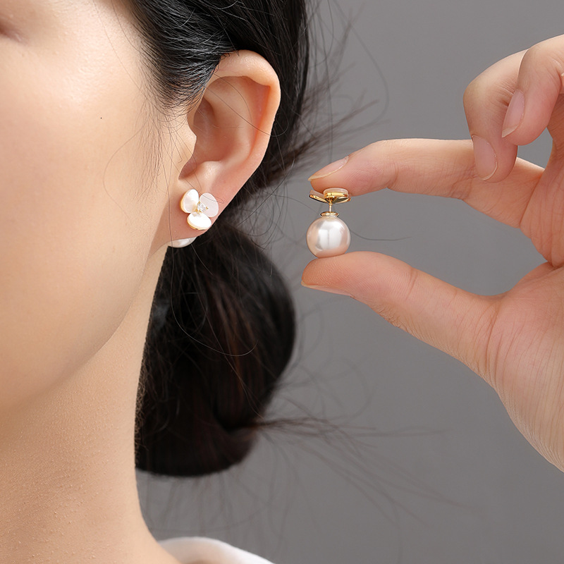 Two-Way Wear Shell Flower Zircon Pearl Sweet Light High-End Simple Niche Versatile Earrings for Women