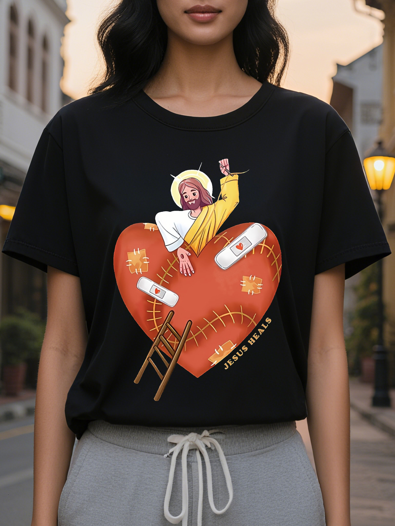 Large XL Jesus Heals My Heart Religious Faith Print Fashion Casual Short Sleeve SpringSummer Slim Fit Round Neck Women's Plus Size