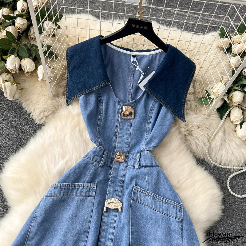Casual Dresses Ddmyday Designer Denim Dress Women Long Single Breasted Big Turn-Down Collar Waist Slimming Temperament Split A-Line Vestidos Ddmyday