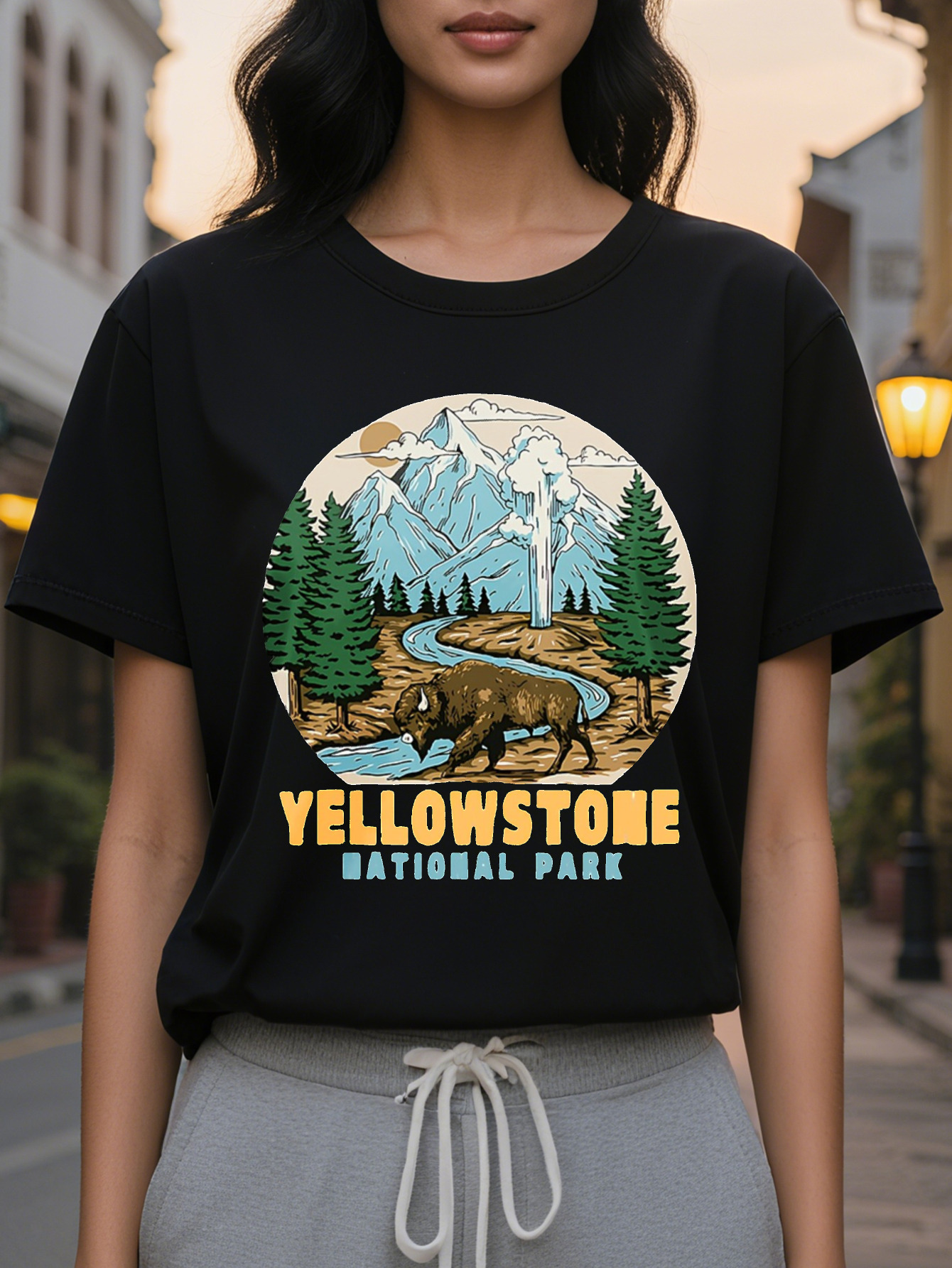 Women's casual sleeve T-shirt printed with national park pattern, cotton, regular length, spring and autumn