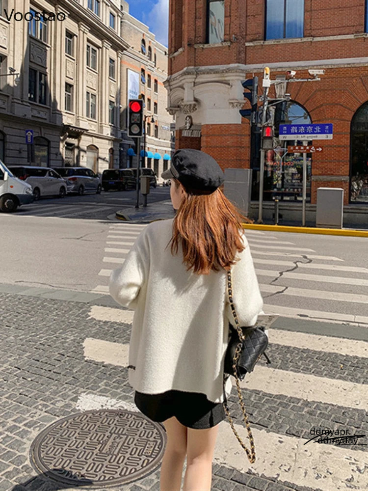 White Mink Cashmere Sweater Coat Women Autumn Winter Lazy Style Korean Retro Black Loose Oneck Knitted Cardigan Fashion Outwear Ddmyday 241108 Ddmyday