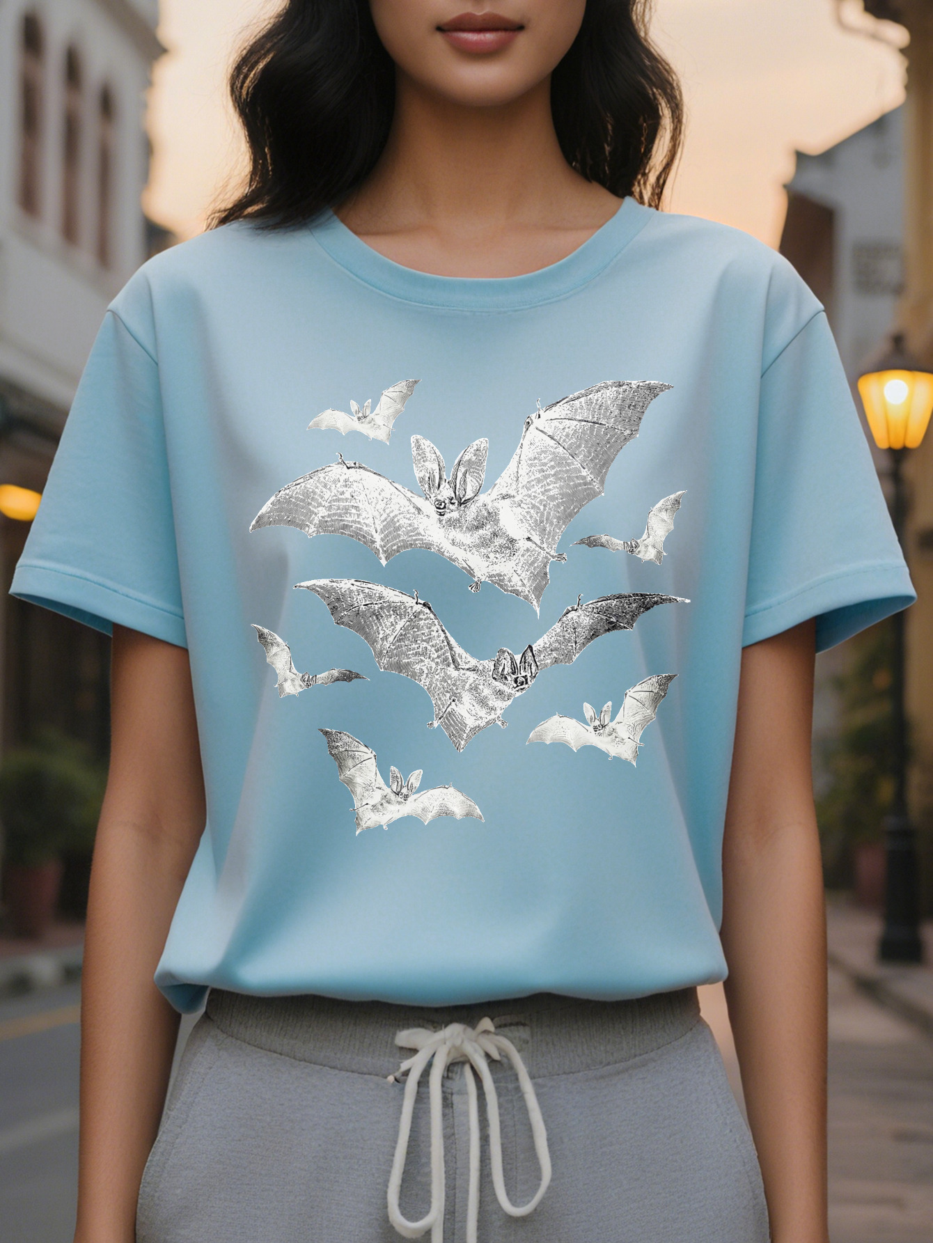 Large XL Vibrant Bat Print Crew Neck T-Shirt Women's Casual Short Sleeve Tees Spring Summer Comfortable Relaxed Fit Soft Plus Size