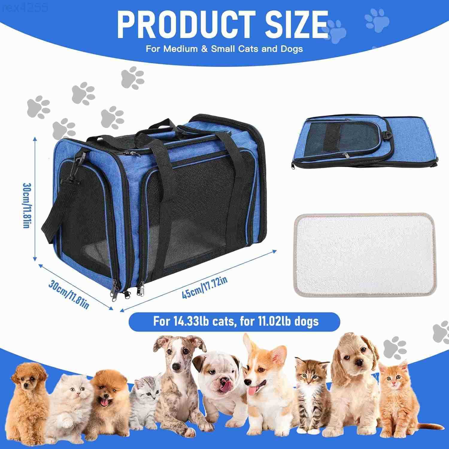 Pet Portable Travel Carrier Bag for Cats Dogs Mesh Travel Puppy Carrier Oxford Fabric Large Capacity Breathable SoftSided Animals Carrier with Mat Sho