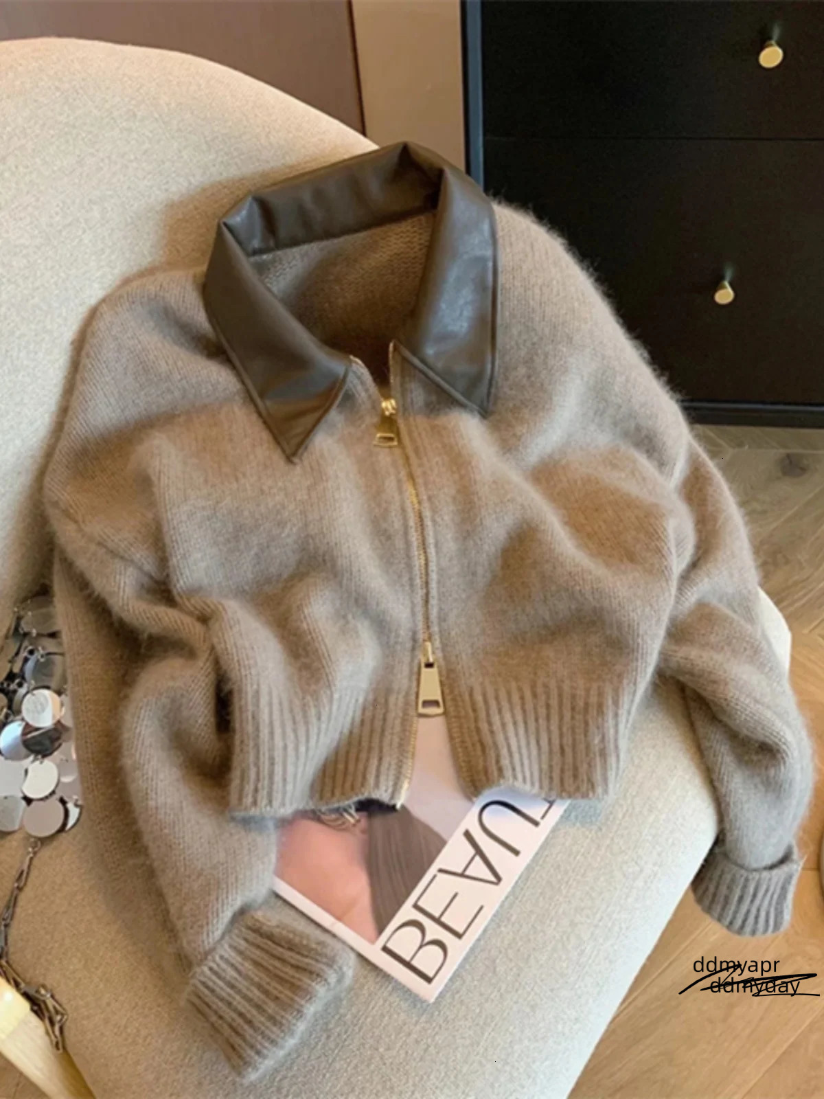 Spliced Leather Collar Knit Sweater Fashion Ddmyday Double Zipper Cardigan Womens Autumnwinter Soft Vintage Long Sleeve Streetwear 241028 Ddmyday Ddmy