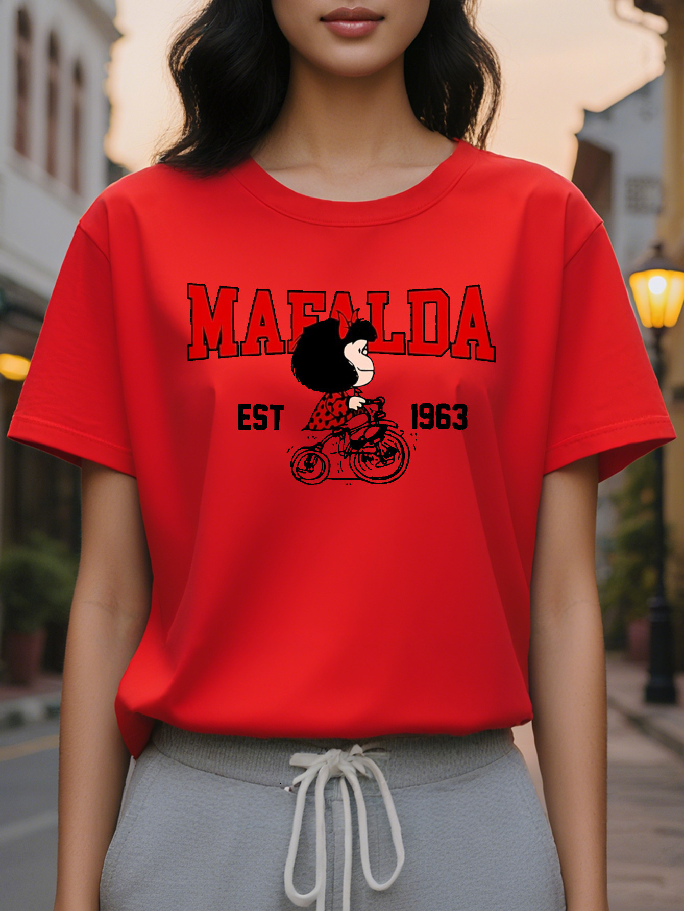 100% Cotton Ladies Vintage Printed T-Shirt Bright Pink MAFALDA Bike Pattern Loose Casual Short Sleeve Top Spring Summer