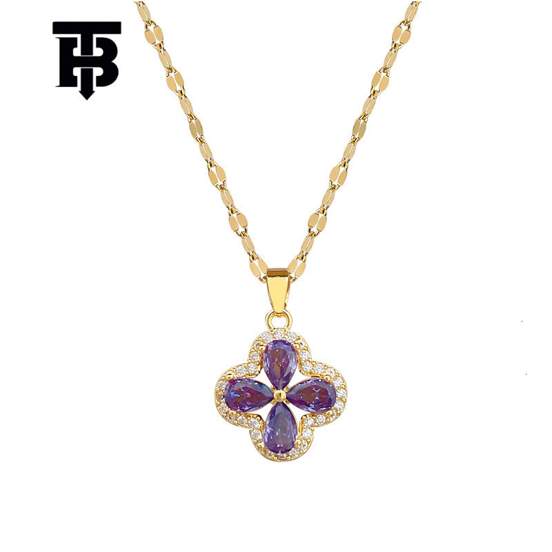 A Novel And Distinct Design Style Featuring Micro-set Emeralds And Amethyst Four-leaf Clover Pendants Titanium Steel Collar Chain Jewelry Designer Nec
