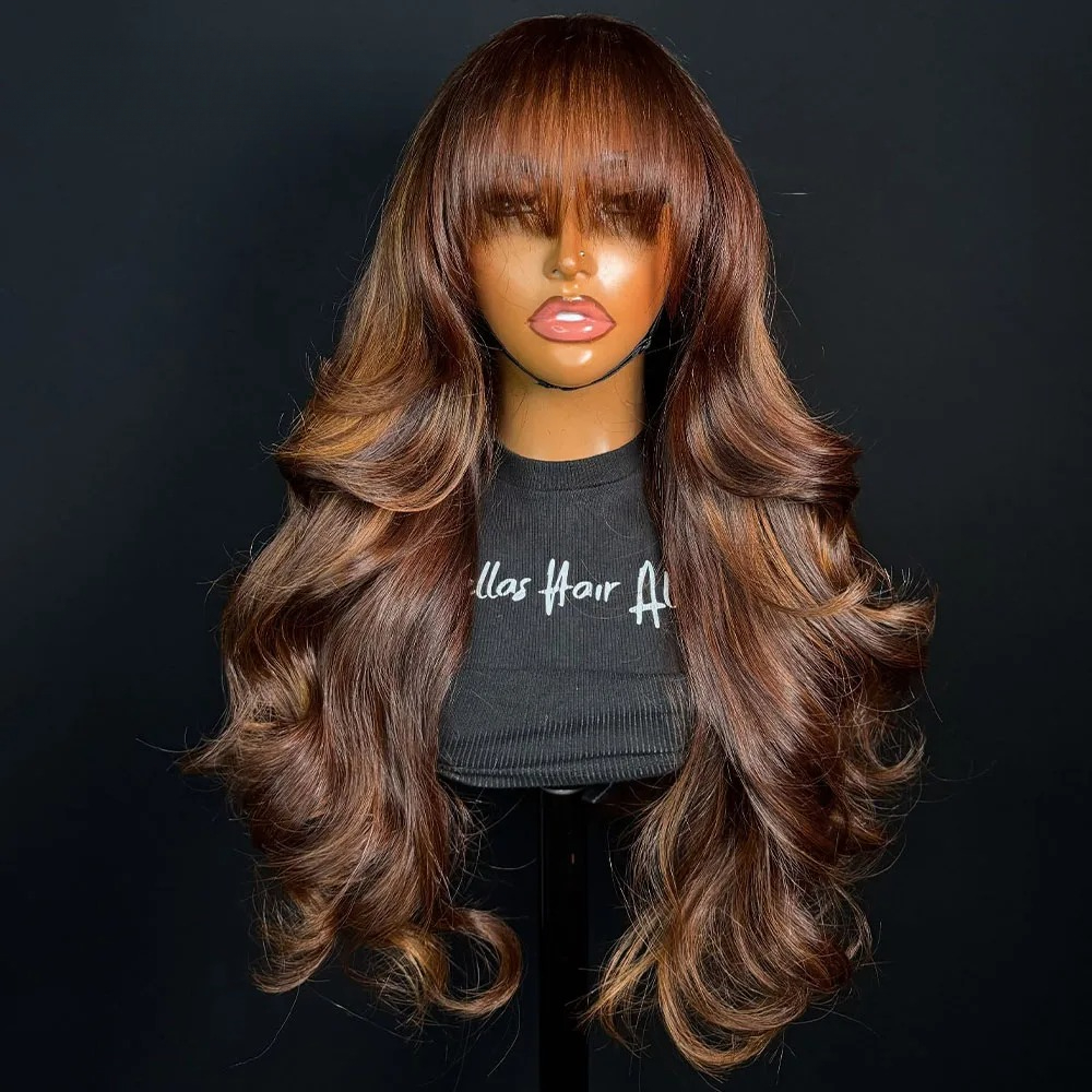 Highlight Wig Human Hair Body Wave Lace Front Wig With Bang 13x6 HD Transparent Lace Front Wigs 13x4 Brown Wigs Ready To Wear For Woman