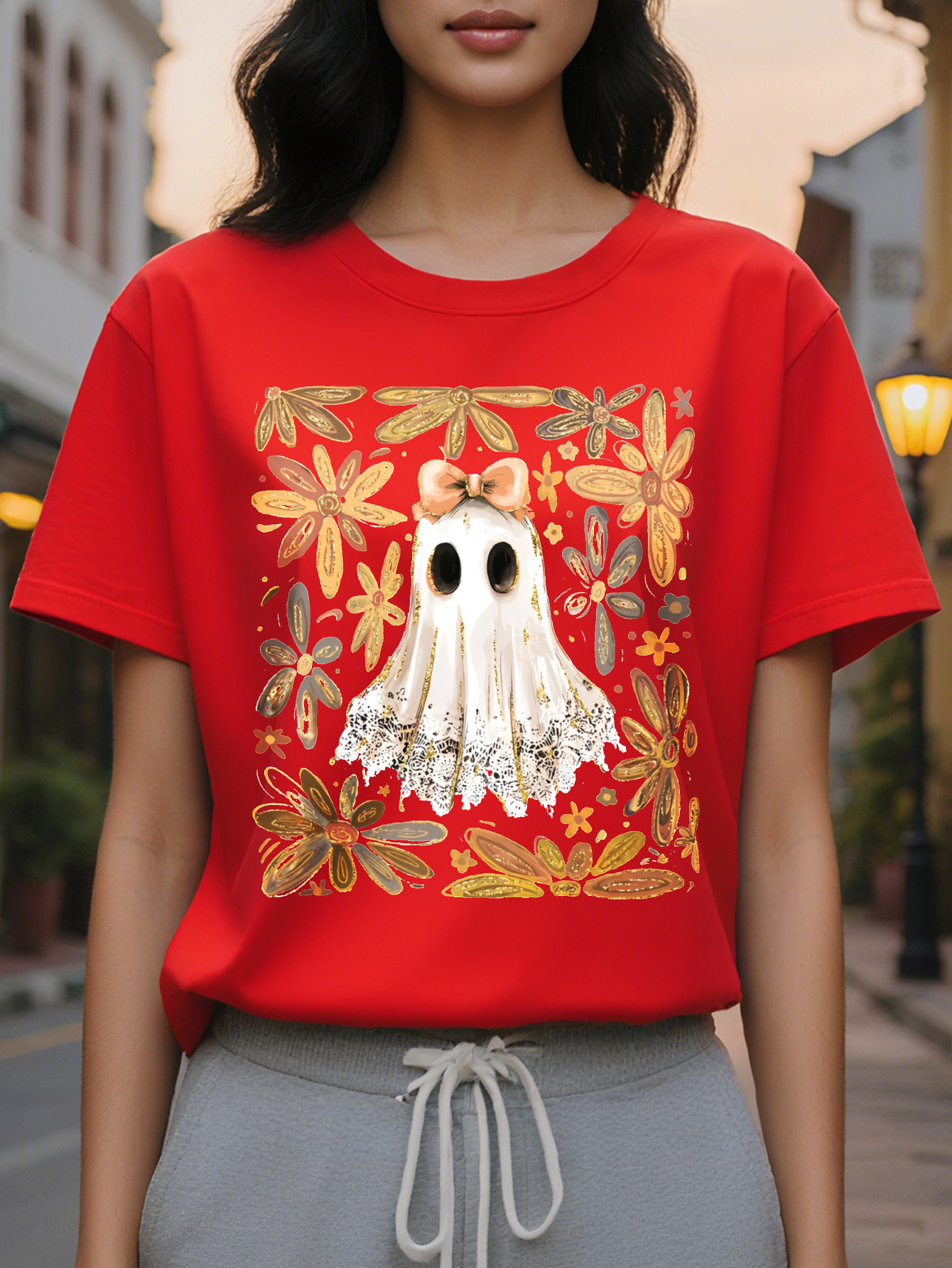 Women S T Shirt Spooky Ghosts Pumpkins Floral Print Black Background with Orange Accents Loose Fit Casual Party