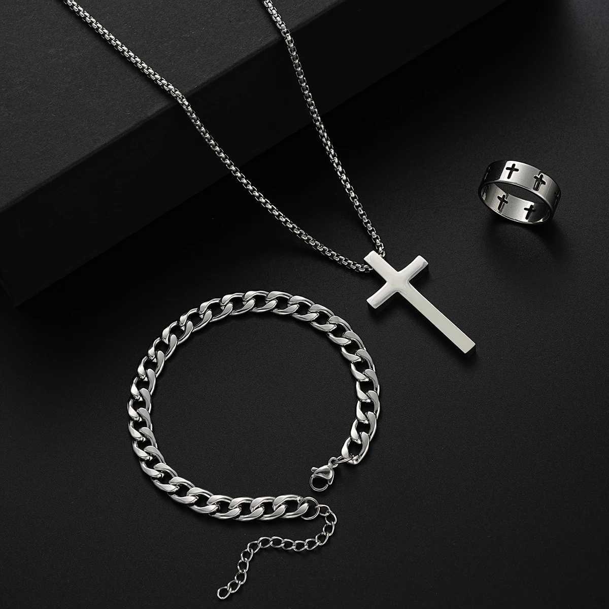 3 Pcs Stainless Steel Bracelet Necklace Ring for Men Women Retro Simple And Personalized Punk Hip Hop Jewelry Set Fashion Gifts W250904
