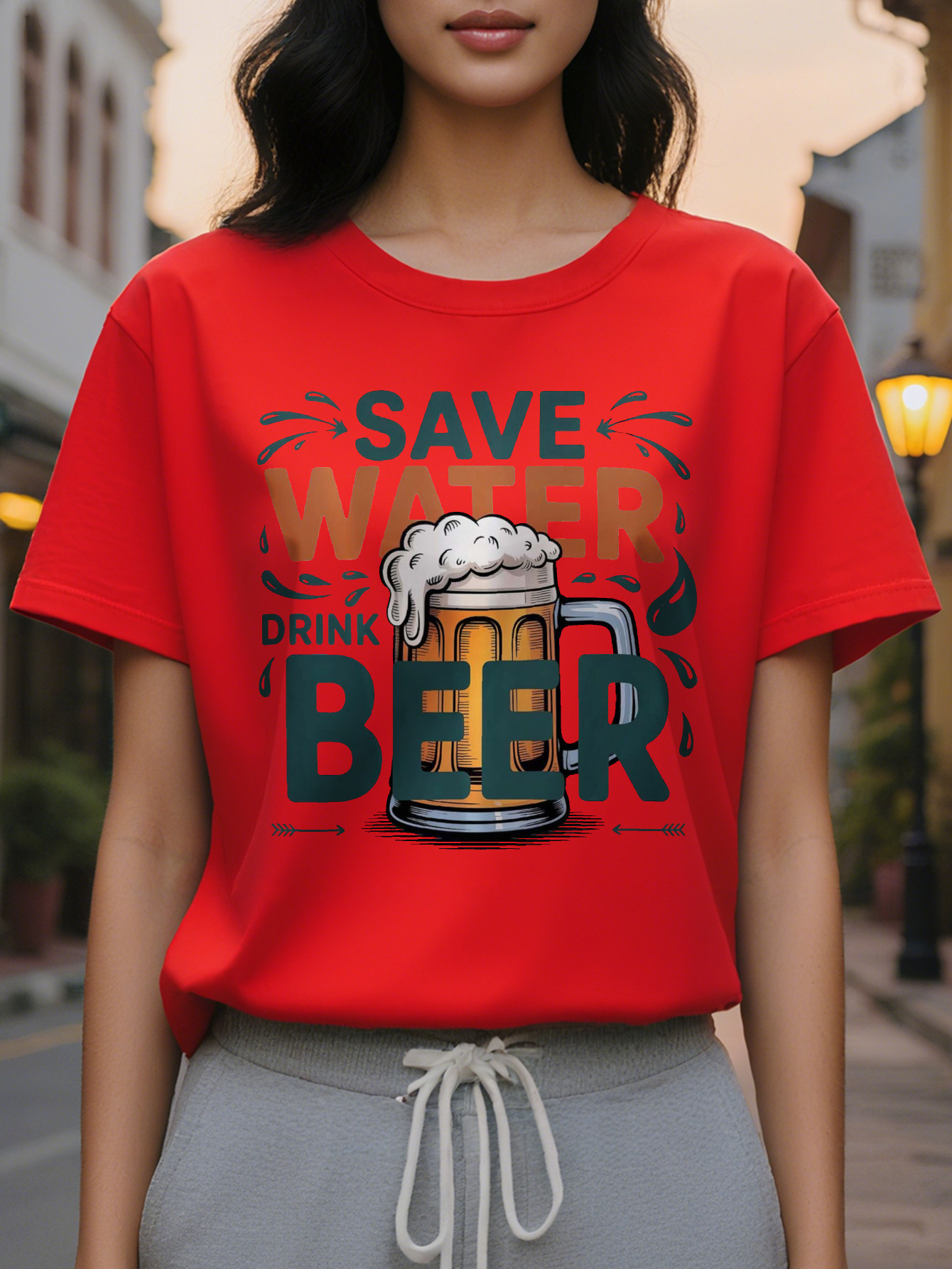 White short sleeve round neck summer T-shirt with mug design, lightweight breathable fabric for casual wear