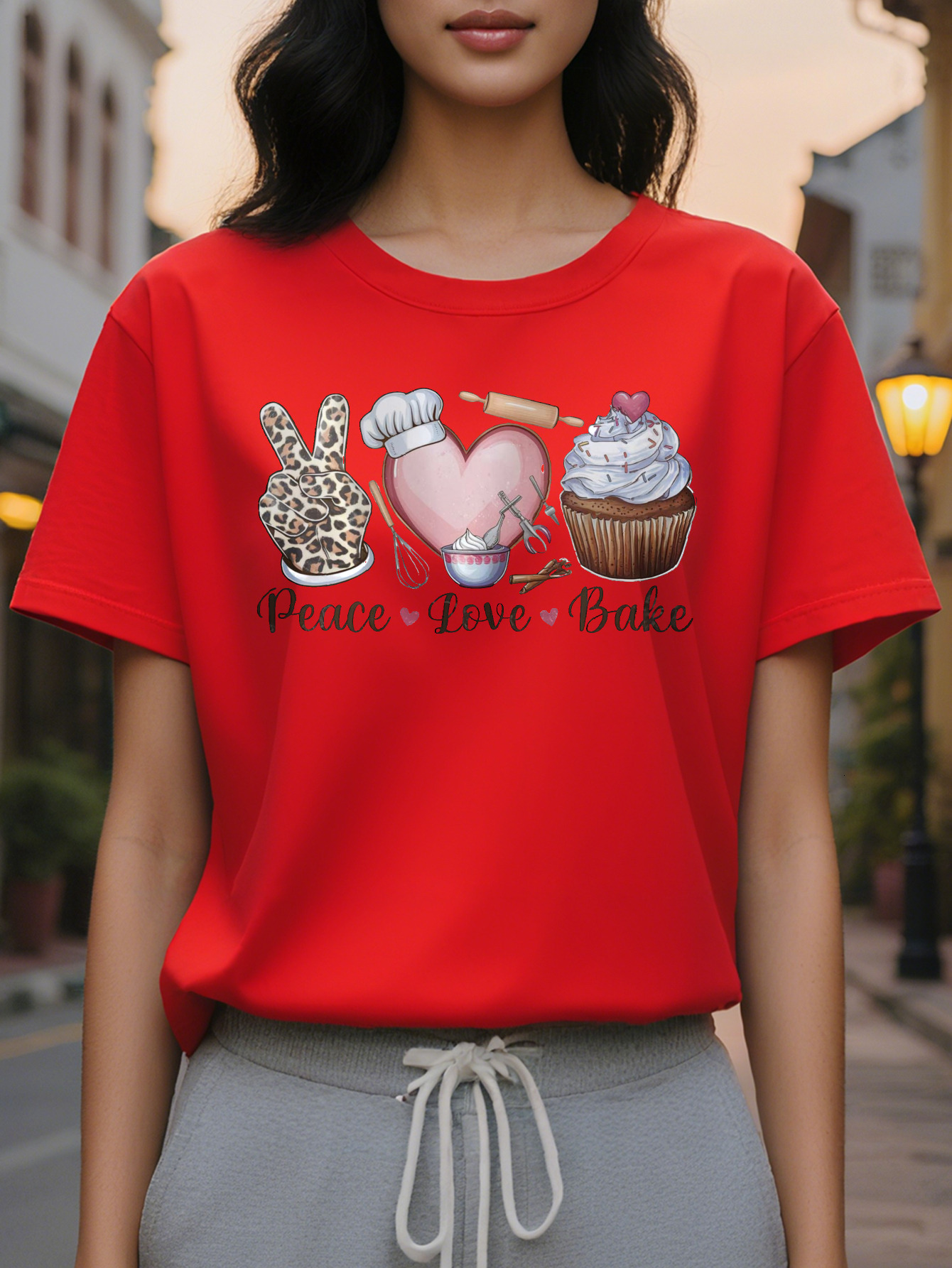 Women's elegant cotton T-shirt printed with the words peace love baking round neck short sleeve casual top summer
