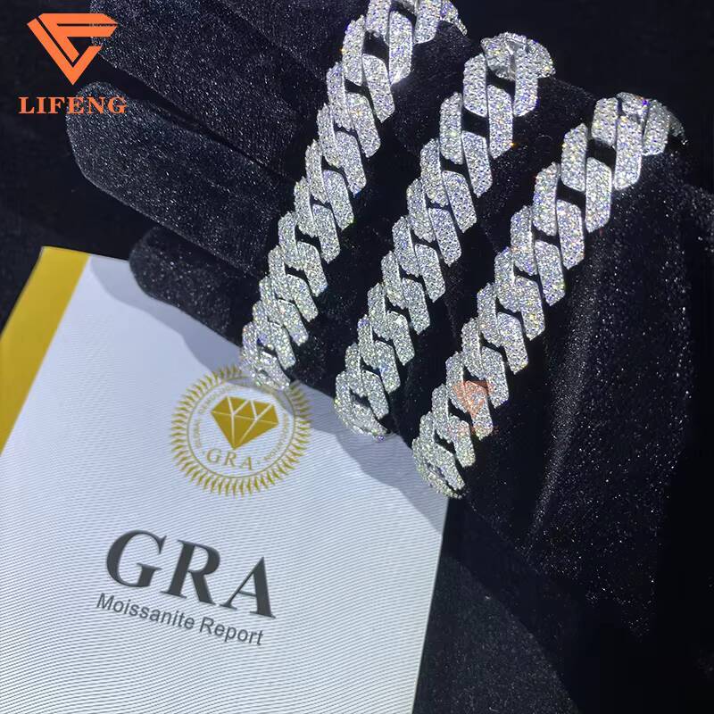 Hip Hop Jewelry Moissanite Bracelet 2rows 12mm Wide S925 Silver VVS Moissanite Iced Out Diamond Cuban Link Bracelet for Men