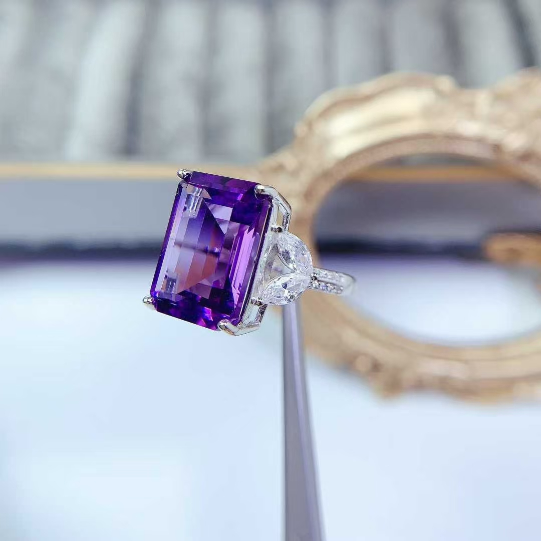 Real 925 silver ring natural amethyst jewelry with certificate 12mm * 16mm 12ct genuine amethyst ring birthday gift for women
