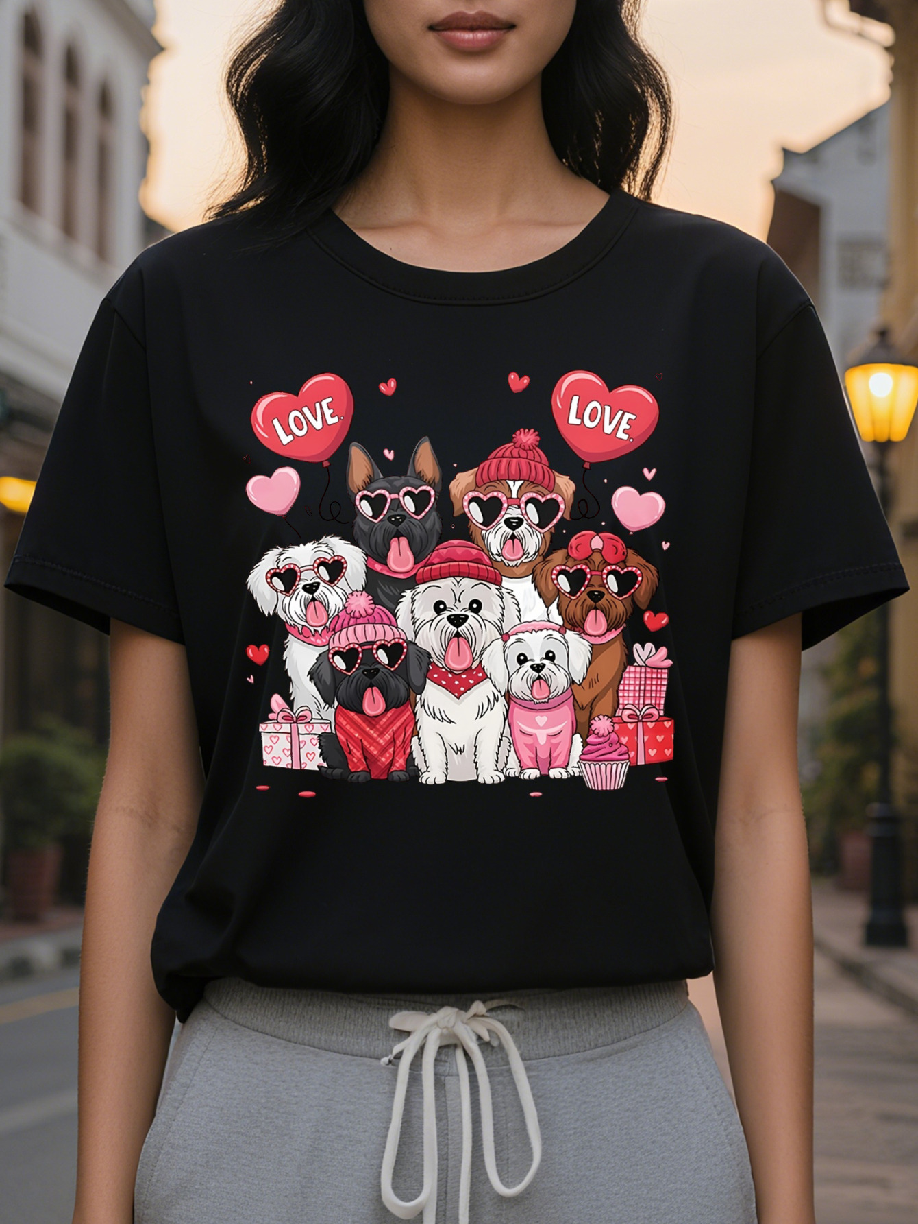 Love Puppy Graphic Print T-shirt Casual Short Sleeve Crew Neck Top for Spring Summer Women's Clothing