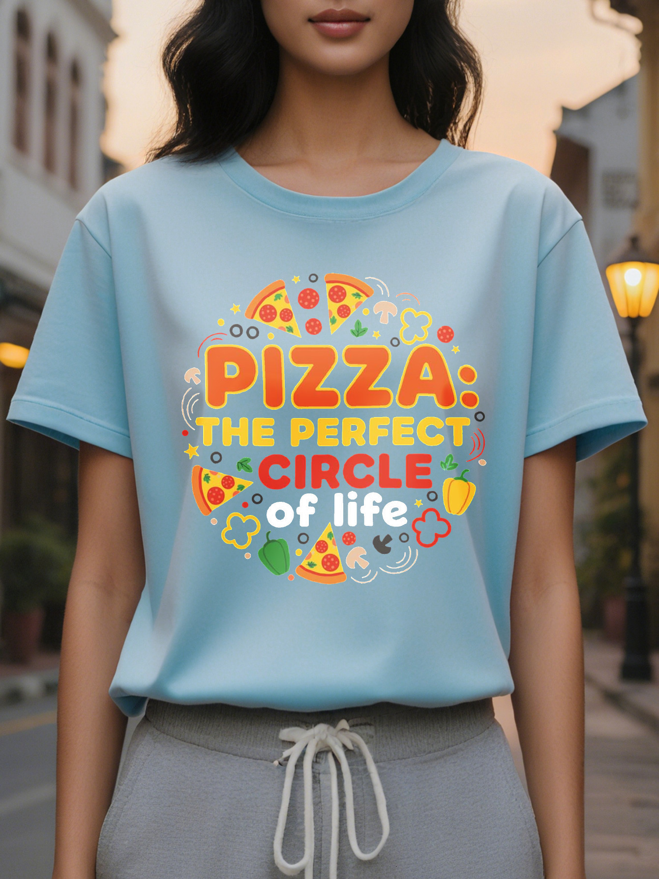 Black Lover Pattern Pizza Life s Perfect Circle Funny T-Shirt Pieces Design Women's Soft Everyday