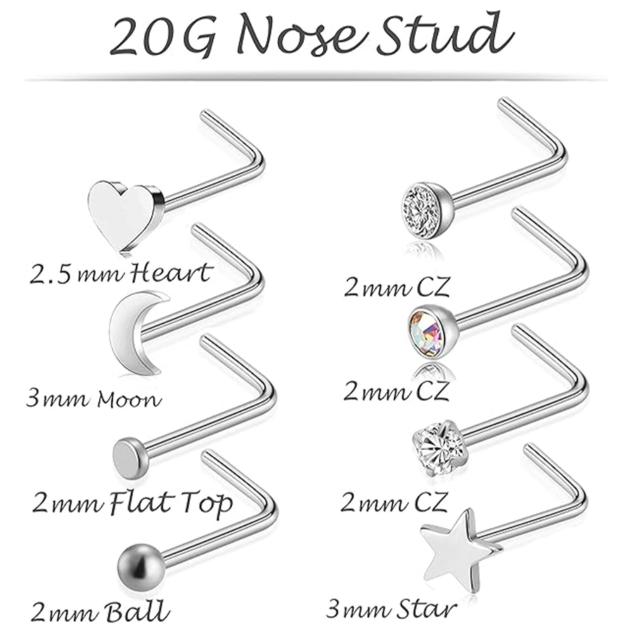 20G 36Pcs Stainless Steel L-Shaped Bone Screw Nose Ring CZ Stud Retainer Labret Piercing Jewelry for Women Men Silver Tone