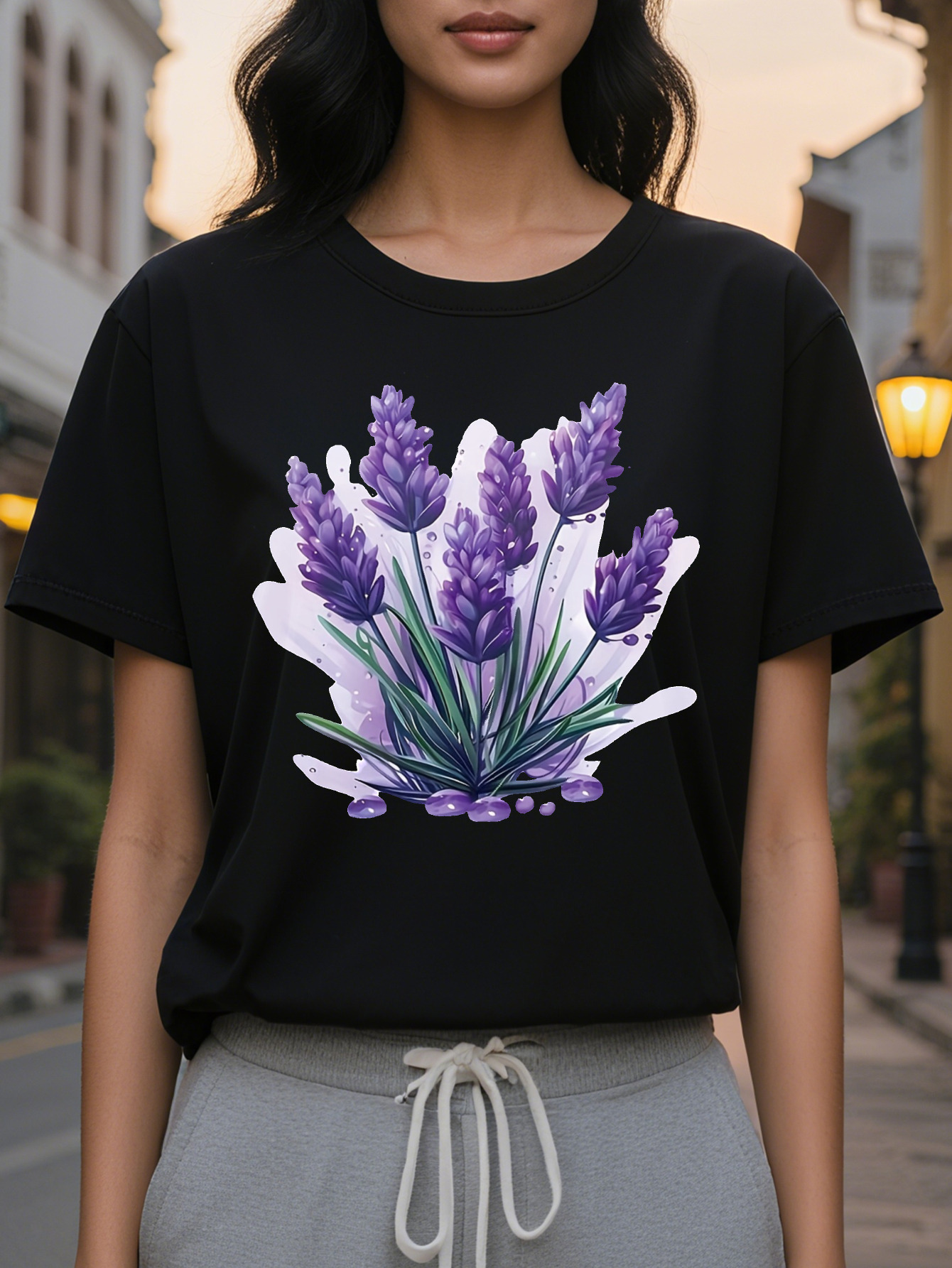 Large XL Lavender Tee Lightweight Cotton Women's Floral Print T-Shirt Casual Short Sleeve Round Neck Perfect for Spring Plus Size