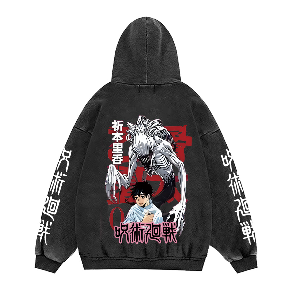 440g Heavyweight Washed Vintage Jujutsu Kaisen Print Street Retro Hoodie Streetwear Hooded Sweatshirt - VT2416