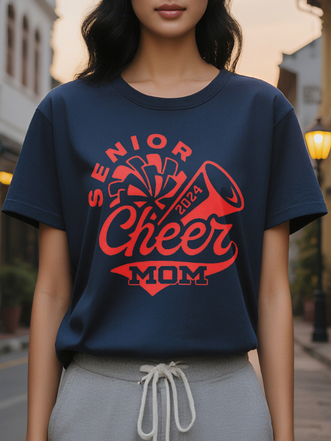 Large XL Stylish Senior Cheer Mom Graphic Women Casual Crew Neck Soft Cotton Washable Perfect for All Seasons Plus Size