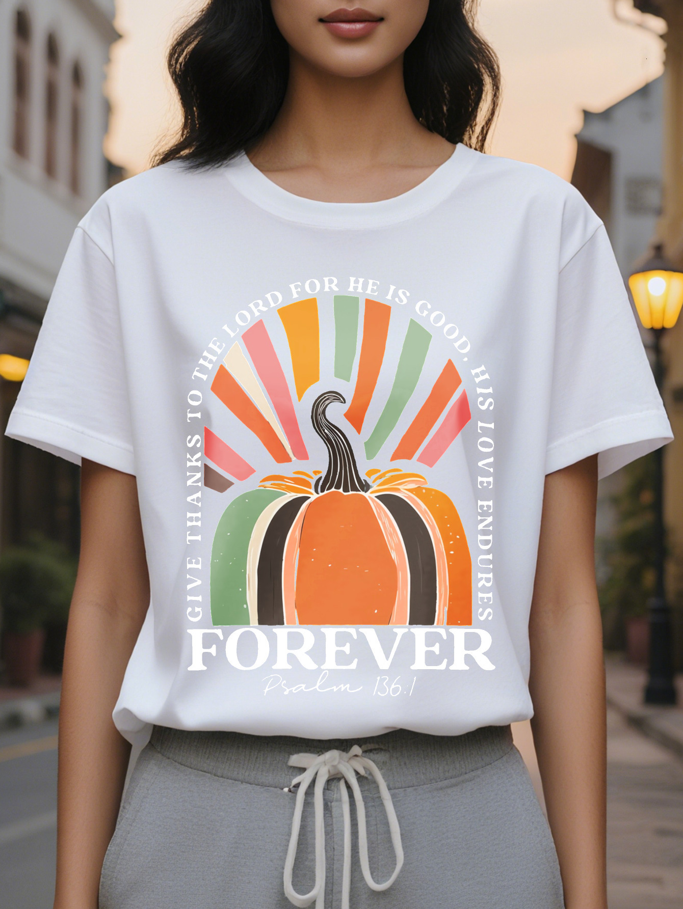 Large XL Women's Halloween Pumpkin Bible Verse to Back Print T-Shirt Inspirational Forever Lettering Soft Round Neck Plus Size