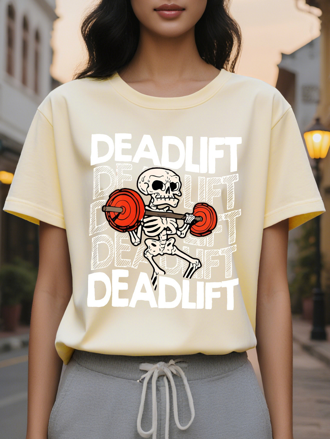 Women s Funny Humor T Shirt Olive Green Deadlift Skeleton Tee Lightweight Round Neck Top for Casual Outfits