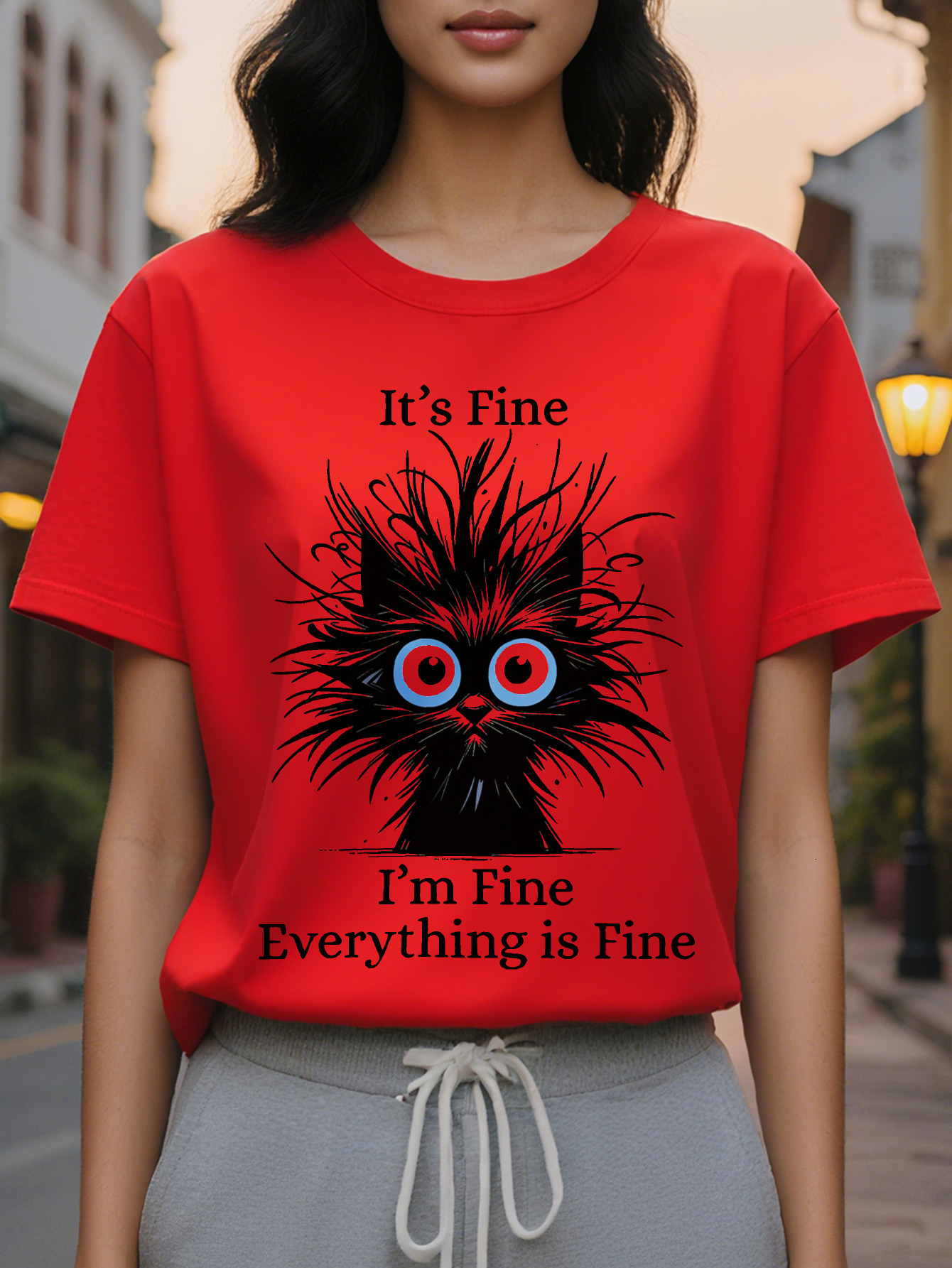Large XL Women's Light Blue Casual Short Sleeve T-Shirt It's I'm Everything Is Fine Sarcastic Graphic Print Round Neck Summer Plus Size