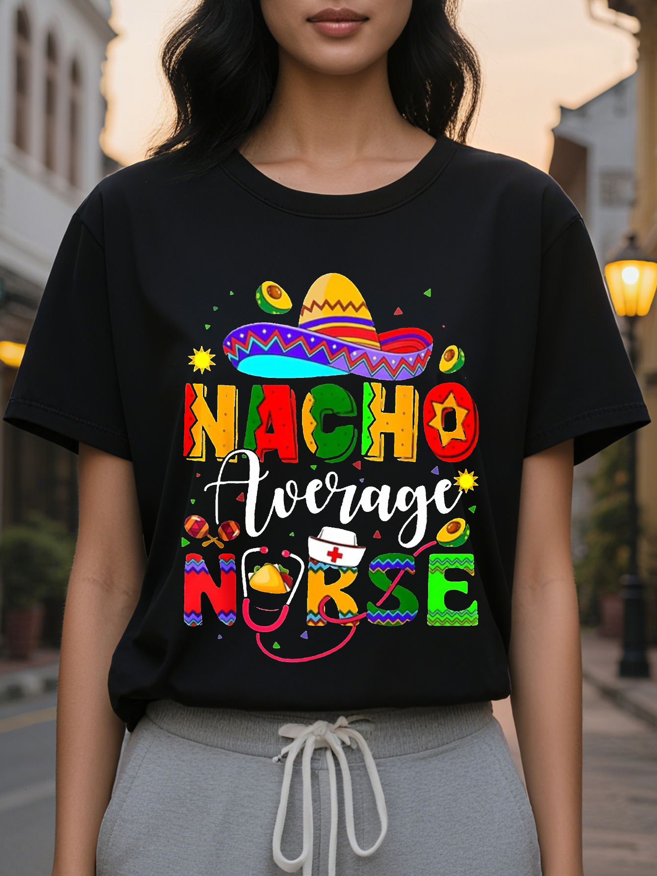 Nacho Women's Casual Short Sleeve T-Shirt Daily Color Nachos and Cheese Print Translucent Round Neck Summer Top