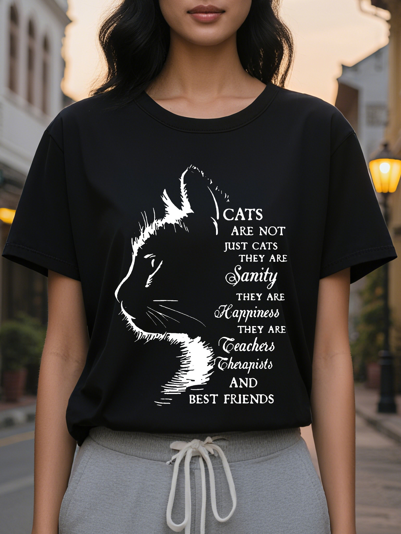 Cat Lovers Women's Pattern T-shirt Black Crew Neck Short Sleeve Top Printed with the Slogan 'Cat is Not Only a Pet'
